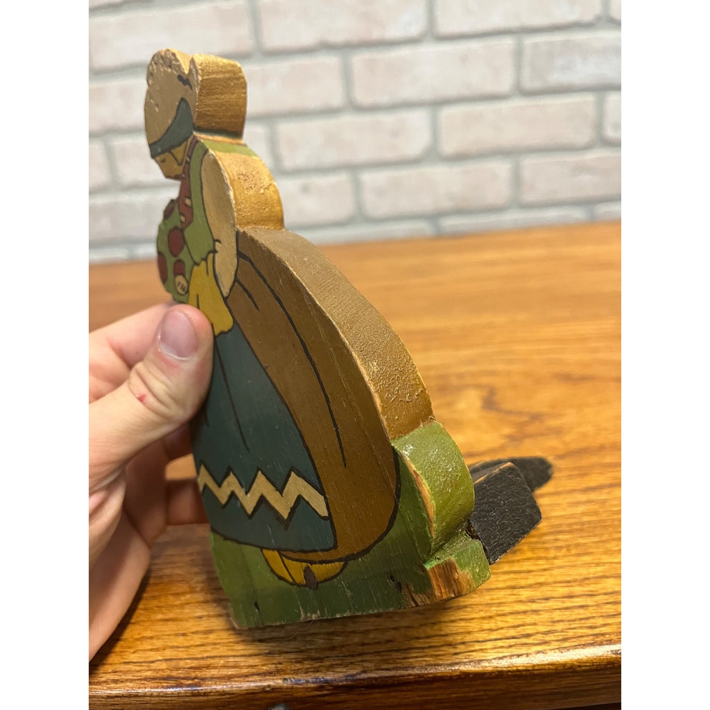 Vintage Hand Painted Dutch Girl Wooden Doorstop Door Wedge Folk Art Holland 1930s