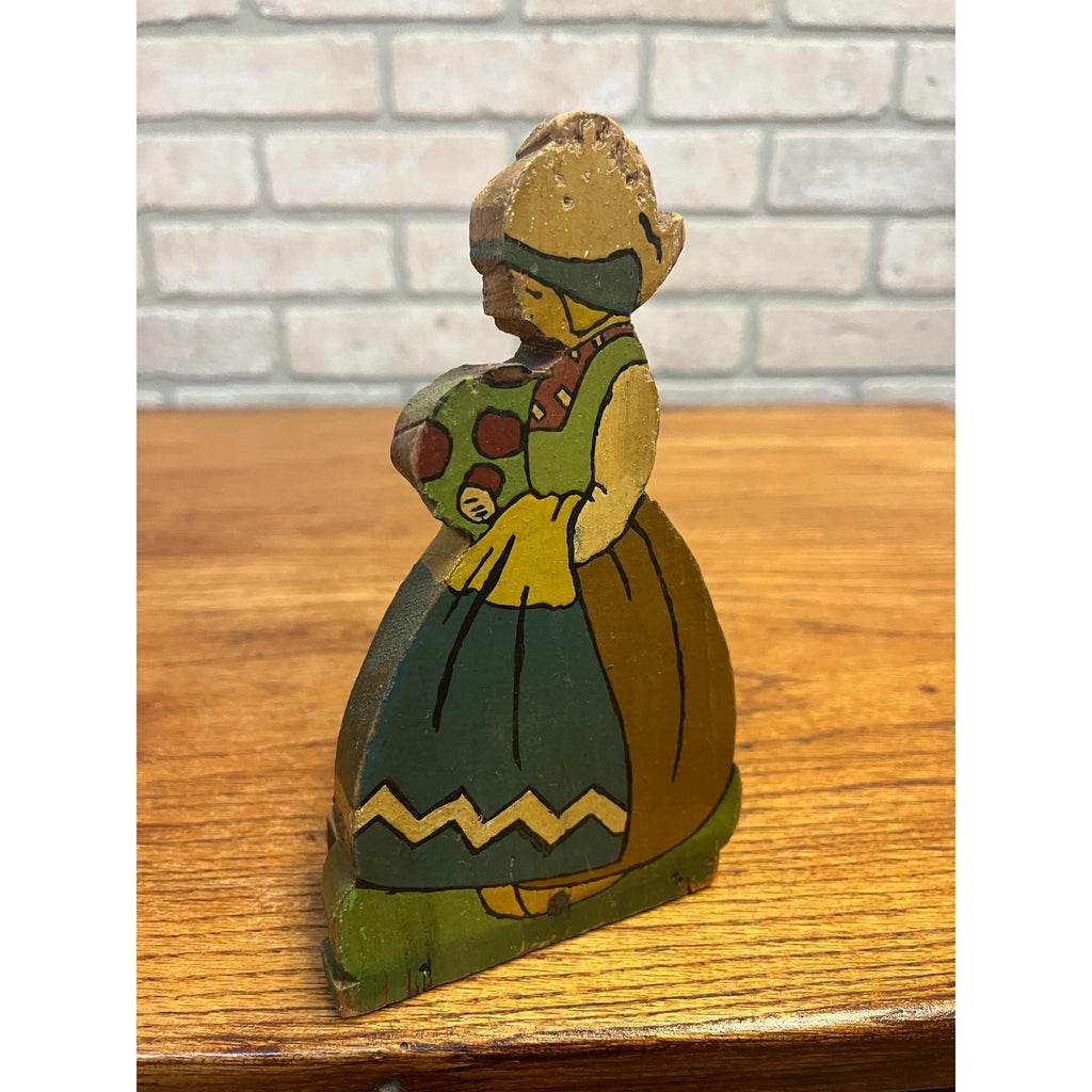 Vintage Hand Painted Dutch Girl Wooden Doorstop Door Wedge Folk Art Holland 1930s