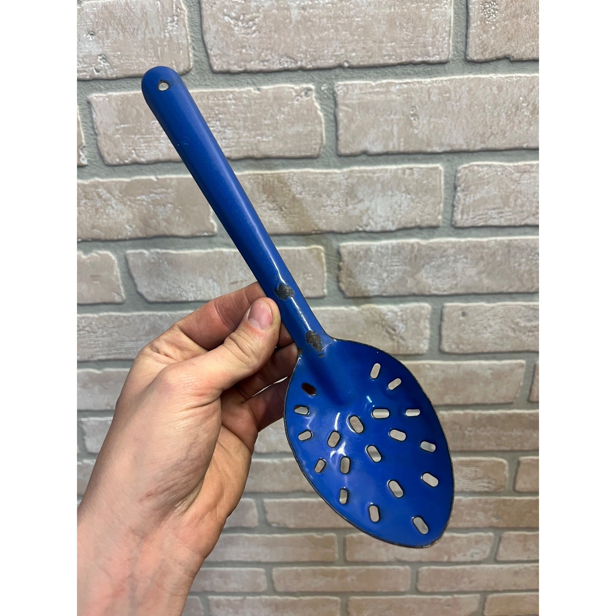Antique Primitive Dark Blue Graniteware Slotted Pot Spoon/ Farmhouse Decor