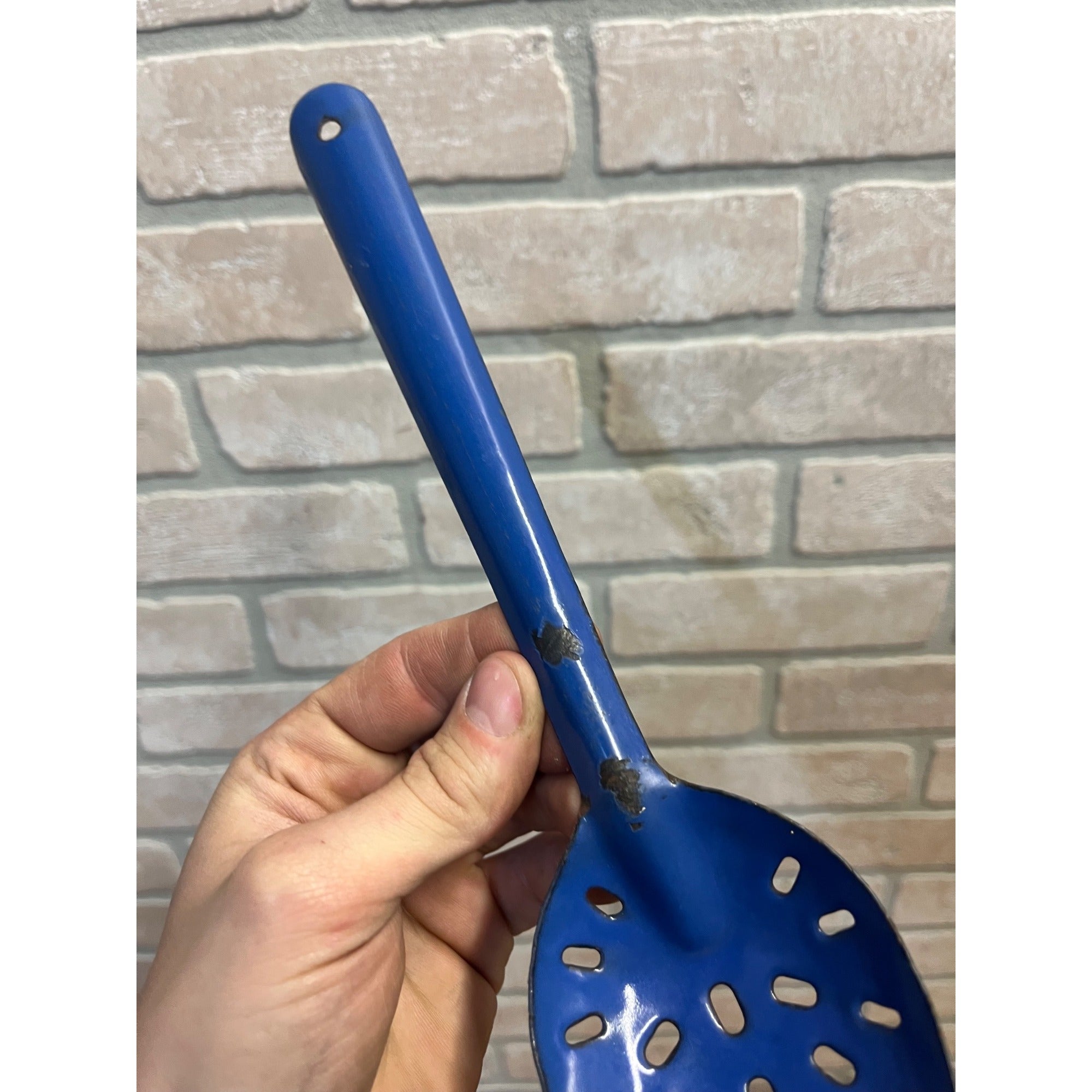 Antique Primitive Dark Blue Graniteware Slotted Pot Spoon/ Farmhouse Decor