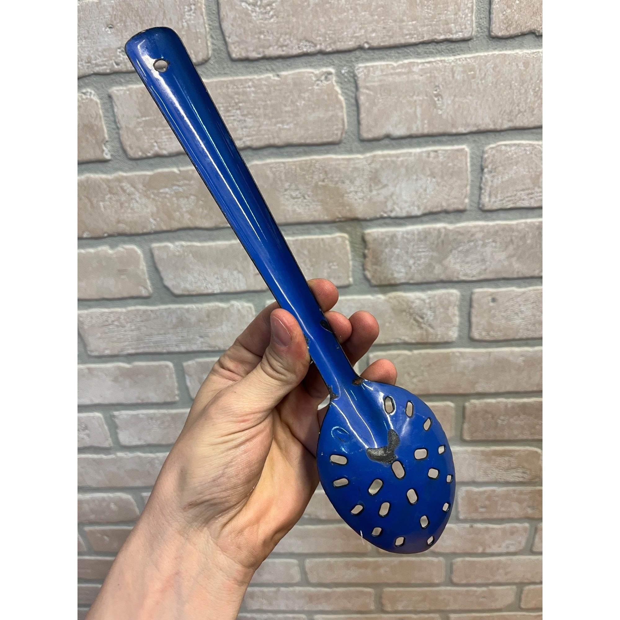 Antique Primitive Dark Blue Graniteware Slotted Pot Spoon/ Farmhouse Decor