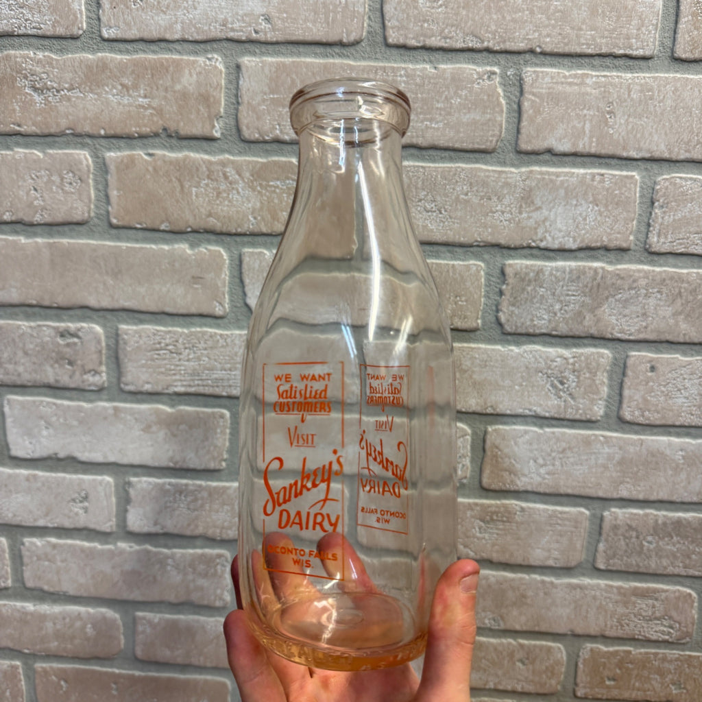 VTG Quart Milk Bottle SANKEY'S DAIRY Oconto Falls Wis. 9 1/2" Tall Wisconsin