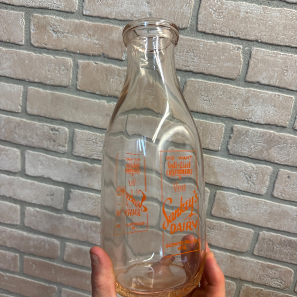 VTG Quart Milk Bottle SANKEY'S DAIRY Oconto Falls Wis. 9 1/2" Tall Wisconsin
