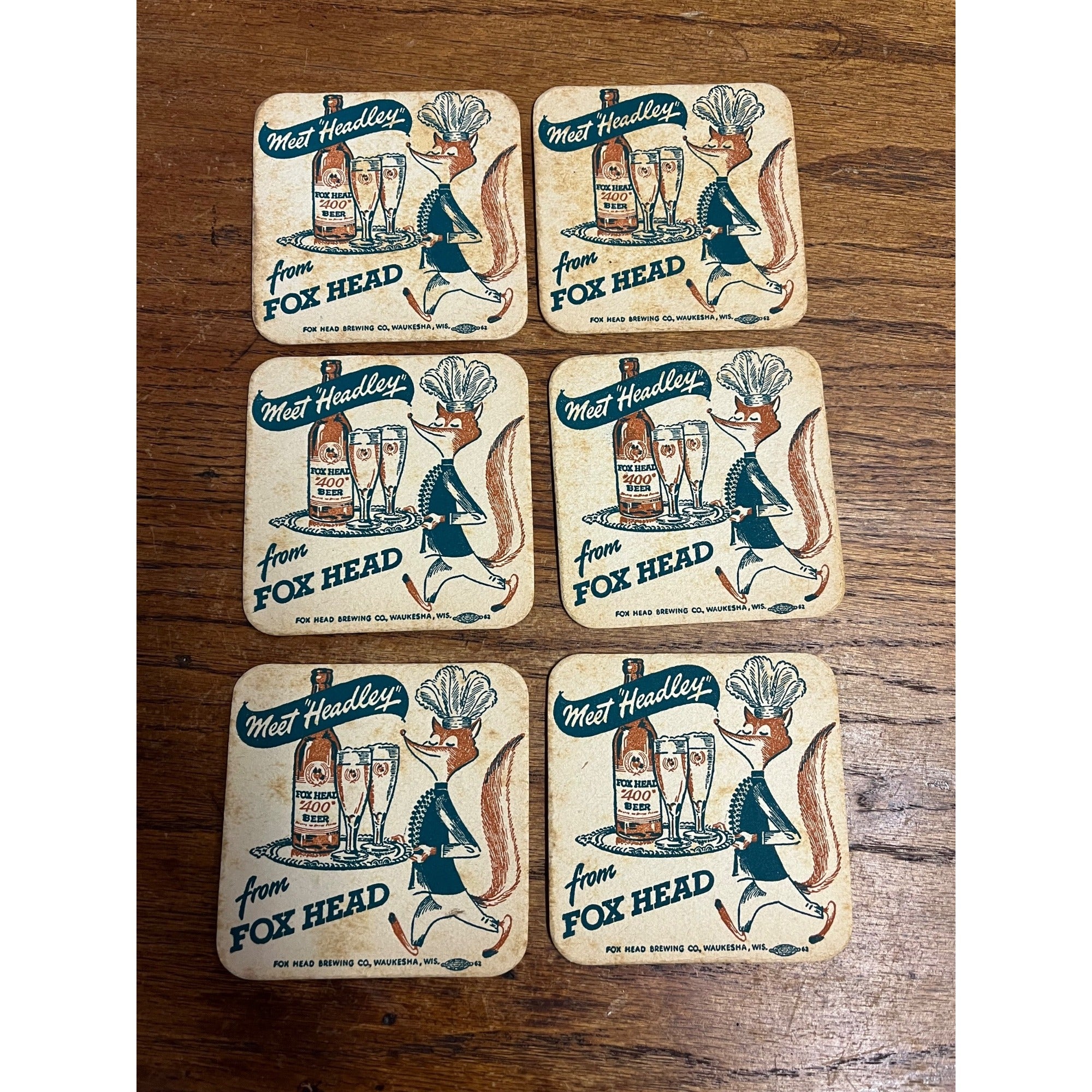 Vintage Fox Head Waukesha 400 Beer Wisconsin Bar Coasters Set (6) Headley