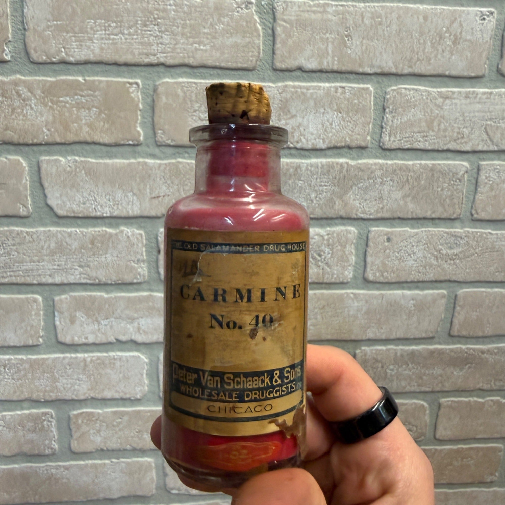 Vintage Glass Bottle With Cork Stopper Carmine No. 40  Old Salamander Drug House Apothecary Pharmacy