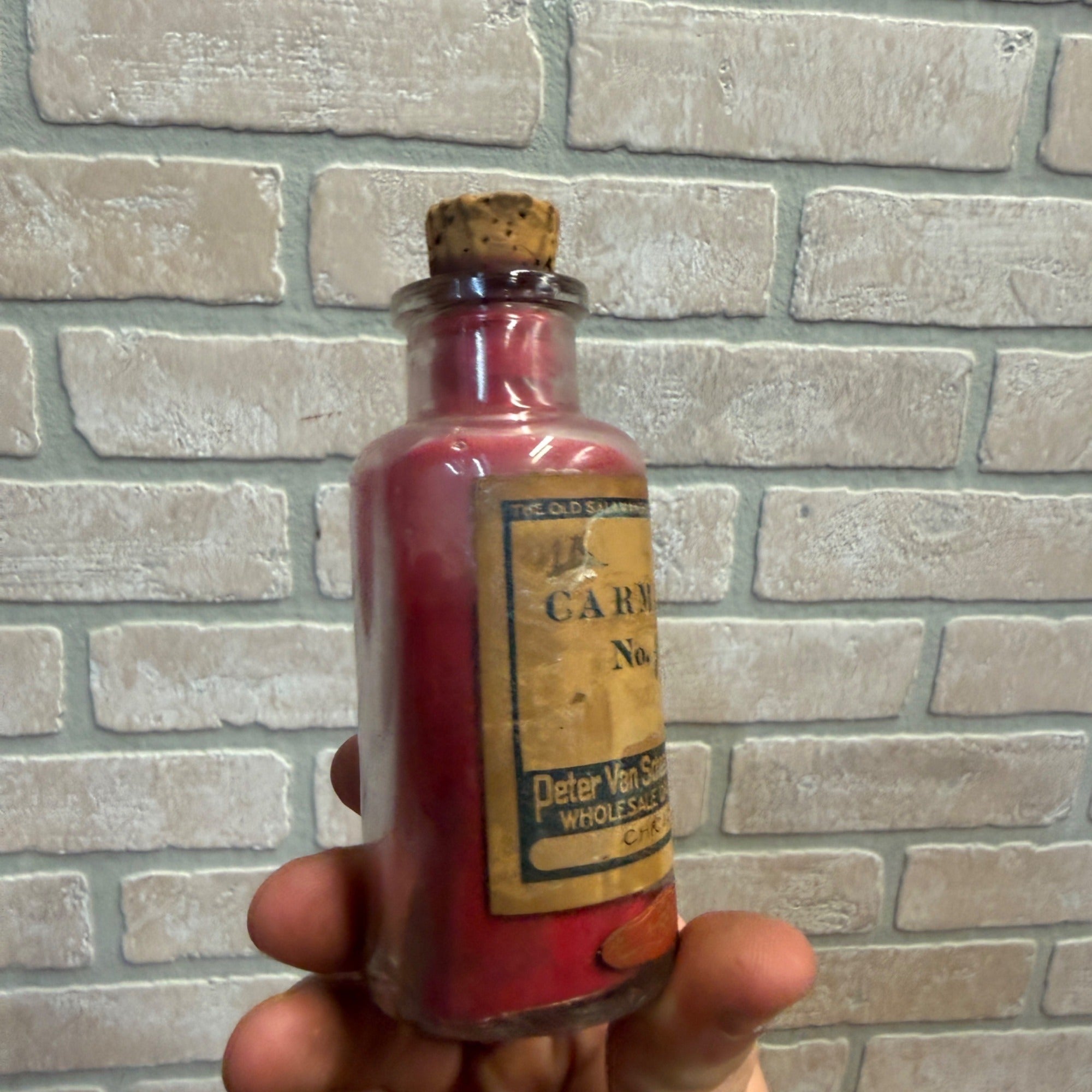 Vintage Glass Bottle With Cork Stopper Carmine No. 40  Old Salamander Drug House Apothecary Pharmacy