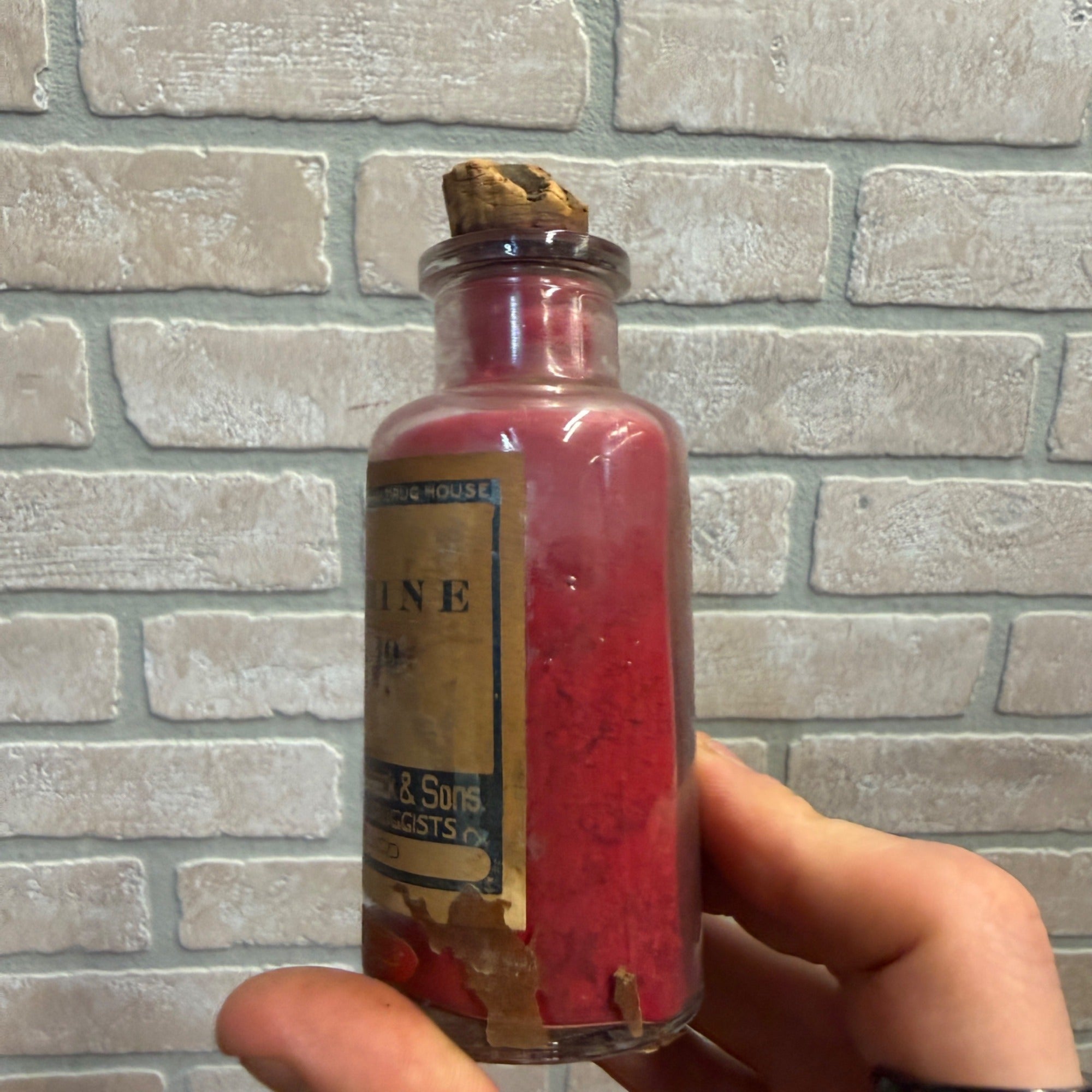 Vintage Glass Bottle With Cork Stopper Carmine No. 40  Old Salamander Drug House Apothecary Pharmacy