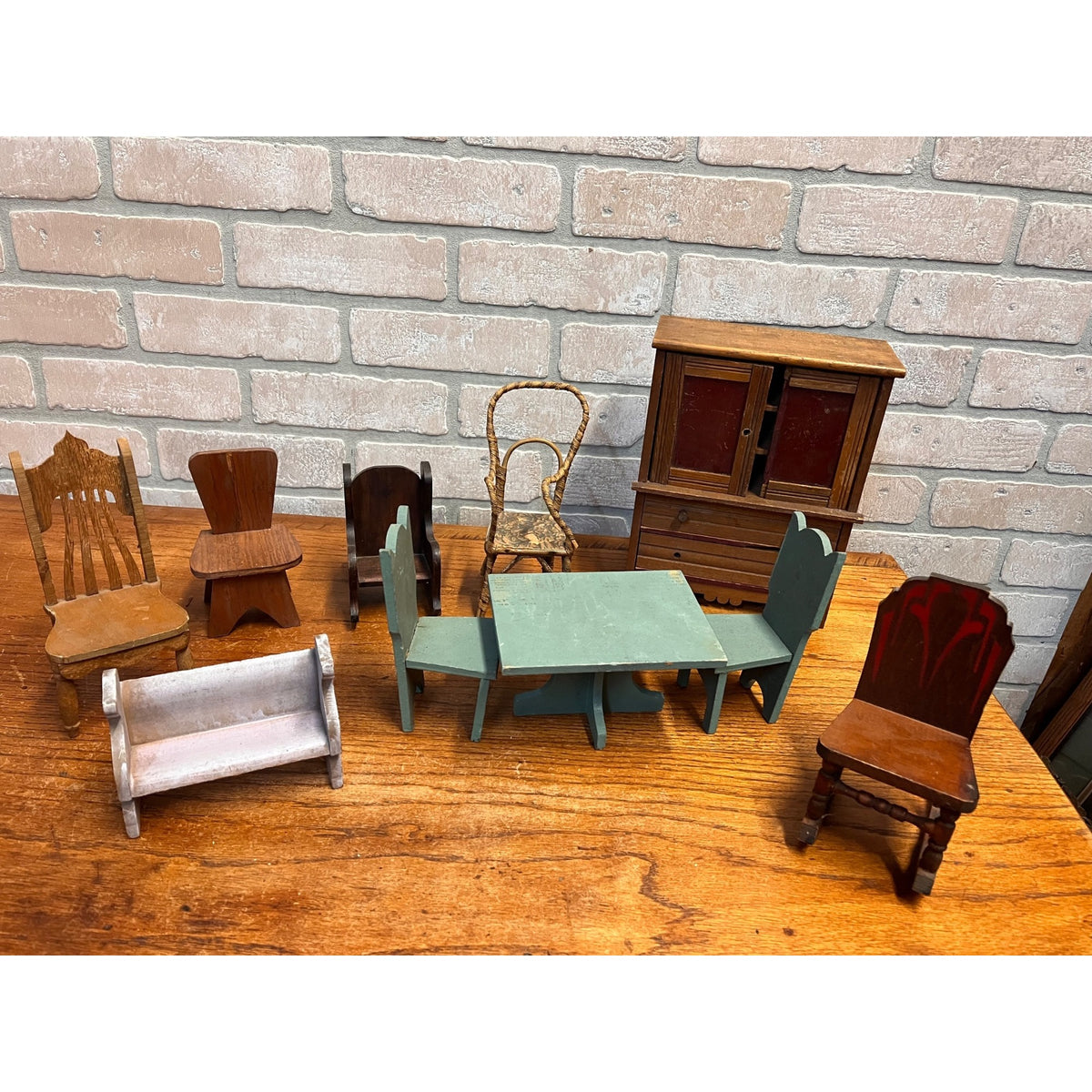 Antique Vintage Handmade Wooden Doll Furniture Lot – Chairs Table Hutch Bench
