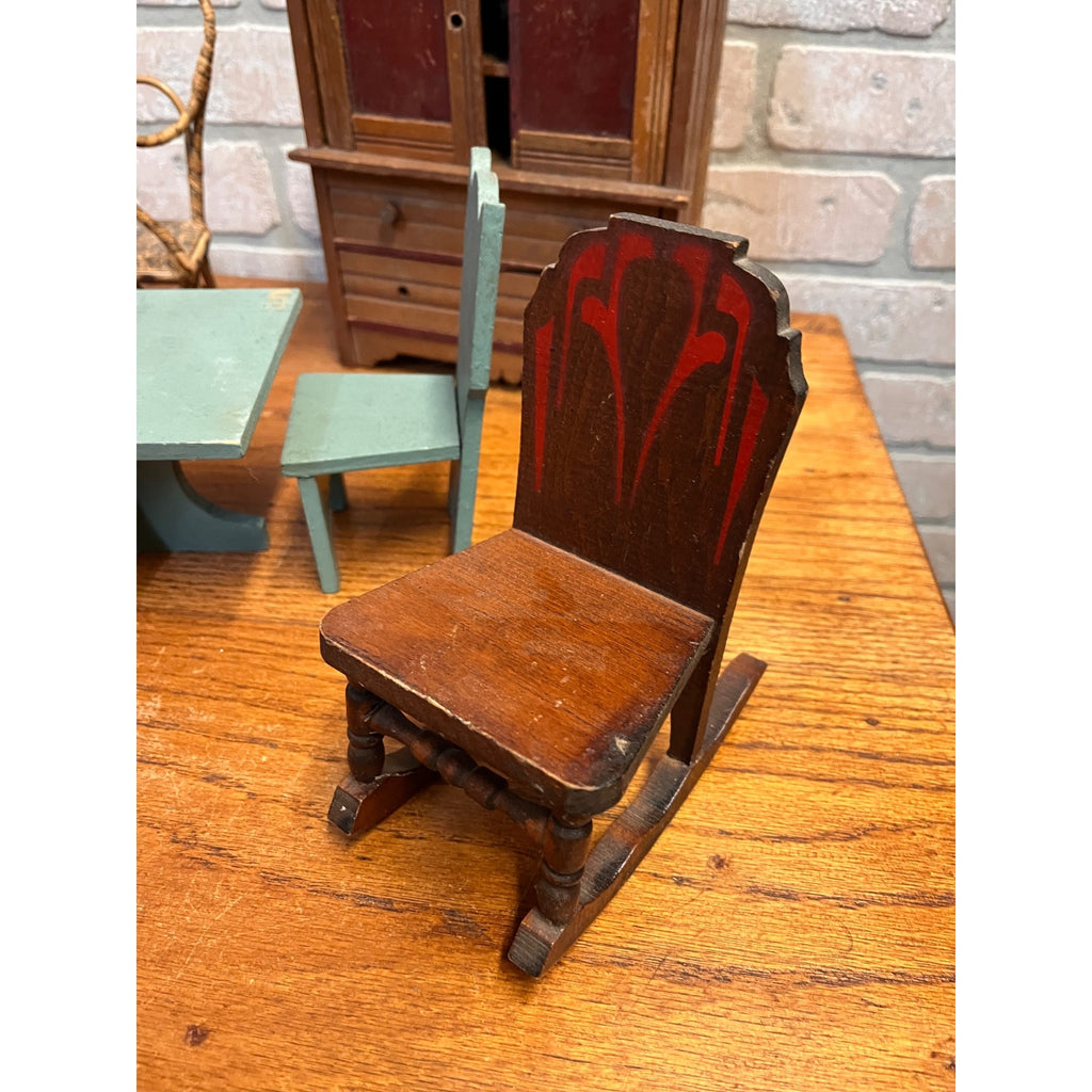Antique Vintage Handmade Wooden Doll Furniture Lot – Chairs Table Hutch Bench