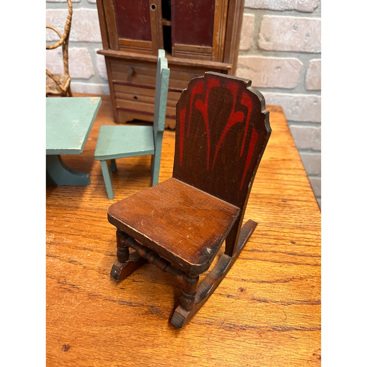 Antique Vintage Handmade Wooden Doll Furniture Lot – Chairs Table Hutch Bench