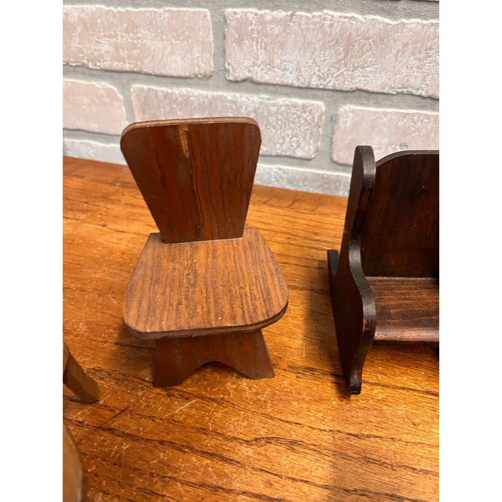 Antique Vintage Handmade Wooden Doll Furniture Lot – Chairs Table Hutch Bench