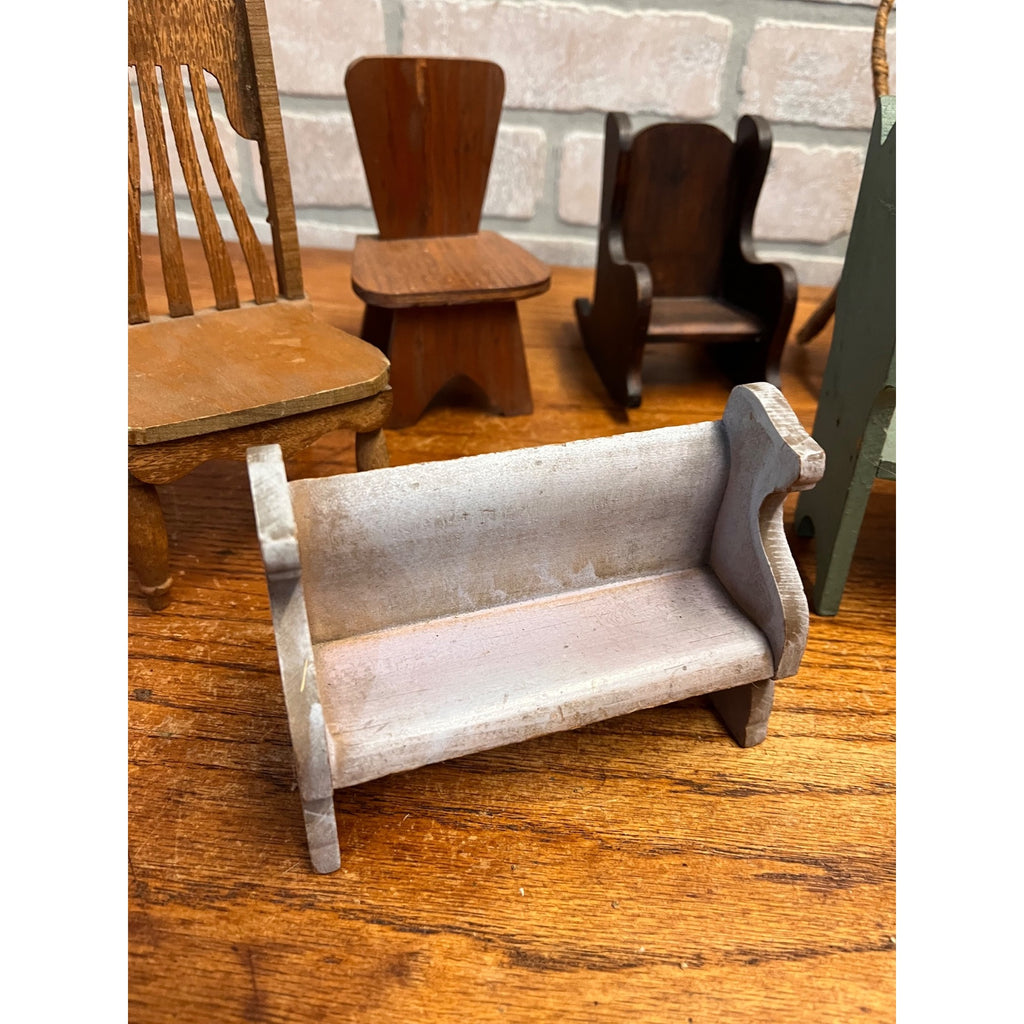 Antique Vintage Handmade Wooden Doll Furniture Lot – Chairs Table Hutch Bench