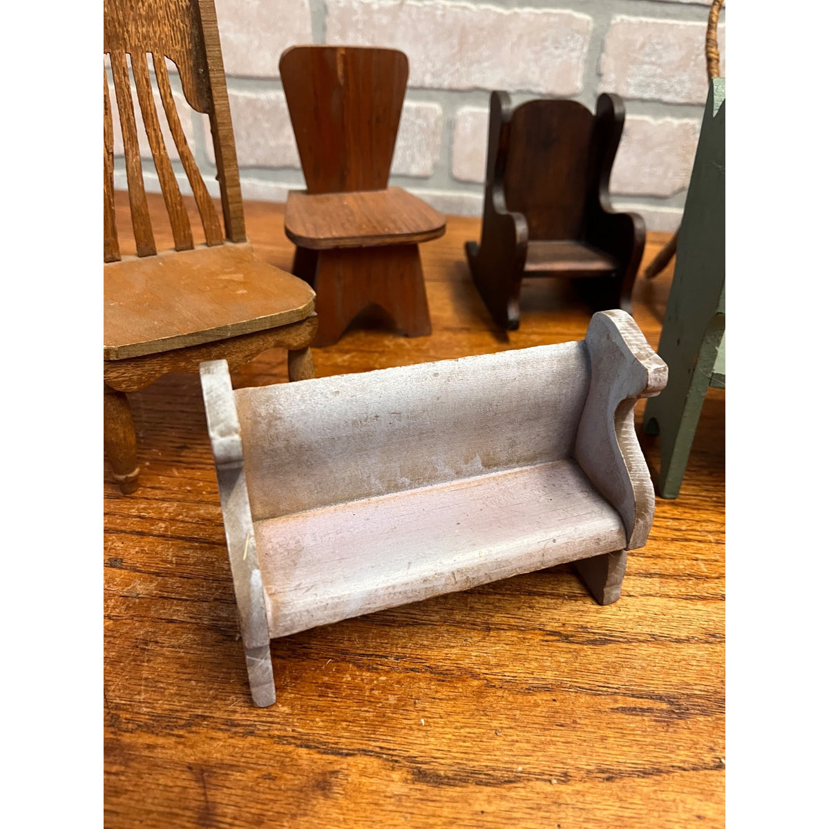 Antique Vintage Handmade Wooden Doll Furniture Lot – Chairs Table Hutch Bench