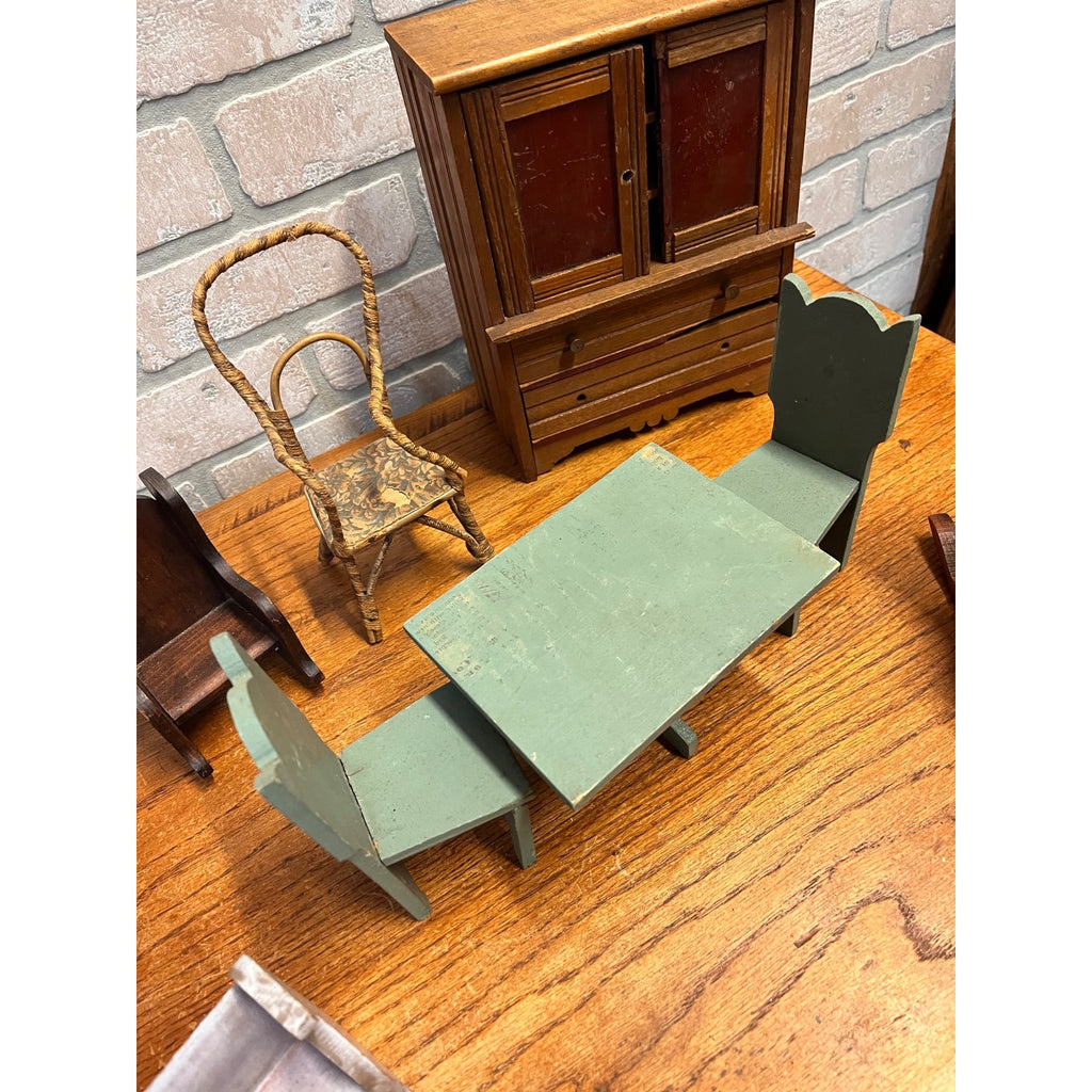 Antique Vintage Handmade Wooden Doll Furniture Lot – Chairs Table Hutch Bench