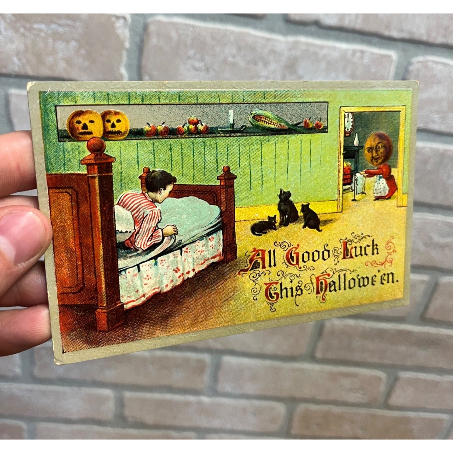 Vintage Halloween Gottschalk #2243 Postcard Boy Bed JOL Mom Cats JOLs