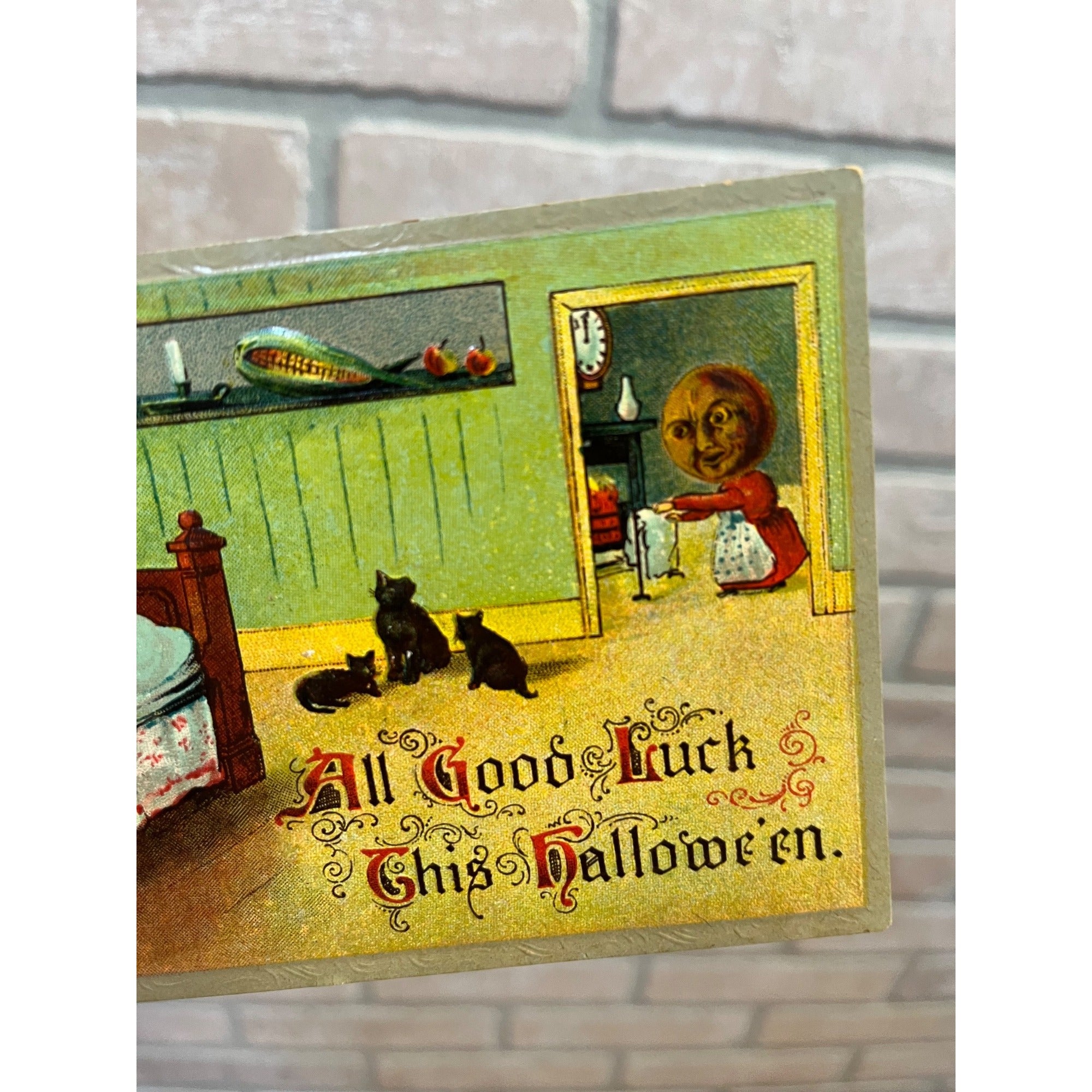 Vintage Halloween Gottschalk #2243 Postcard Boy Bed JOL Mom Cats JOLs