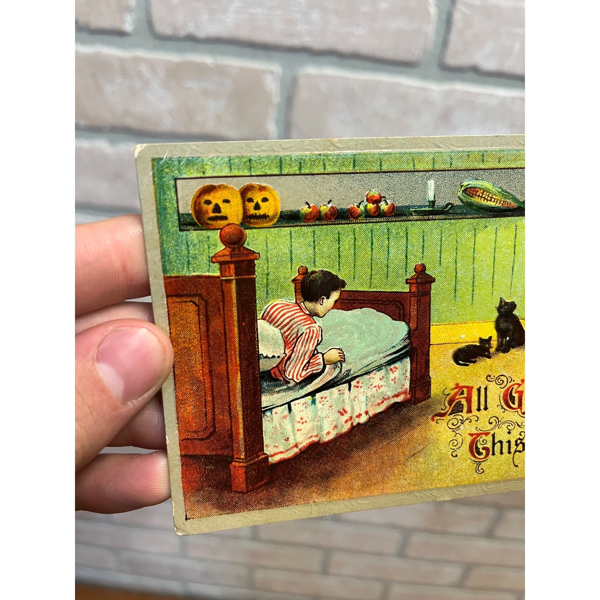 Vintage Halloween Gottschalk #2243 Postcard Boy Bed JOL Mom Cats JOLs