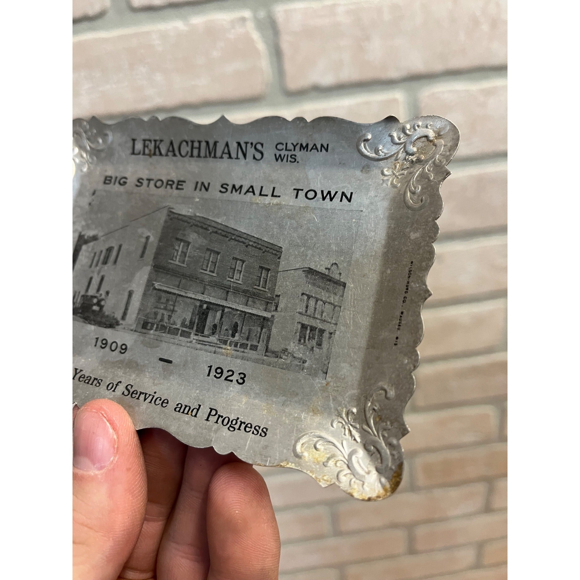 Vintage 1923 Lekachman's General Store Clyman Wis Aluminum Tray Coin Dish