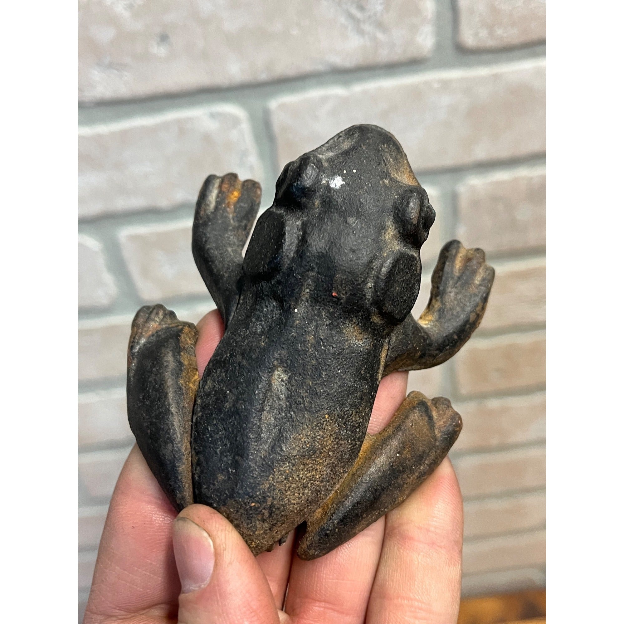 Antique Cast Iron Frog Cigarette Trinket Box Holder & Lid - Hinged 5" Long