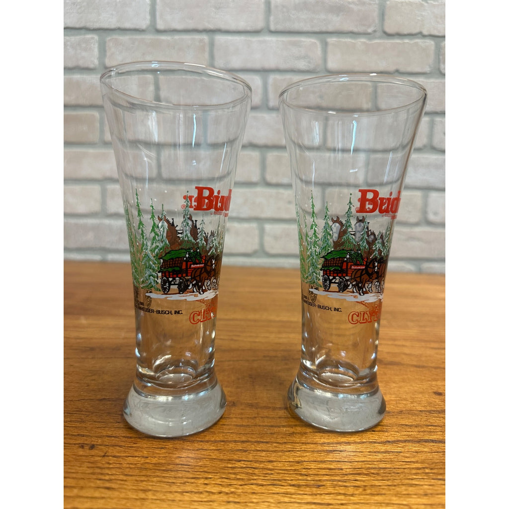 Vintage 1989 Budweiser Clydesdale Set Of (2) Pilsner Beer Glass Cups Barware