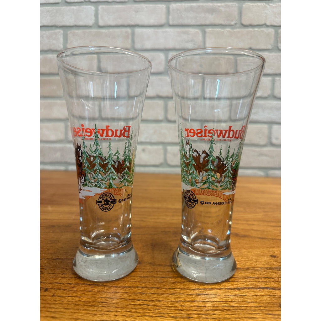 Vintage 1989 Budweiser Clydesdale Set Of (2) Pilsner Beer Glass Cups Barware