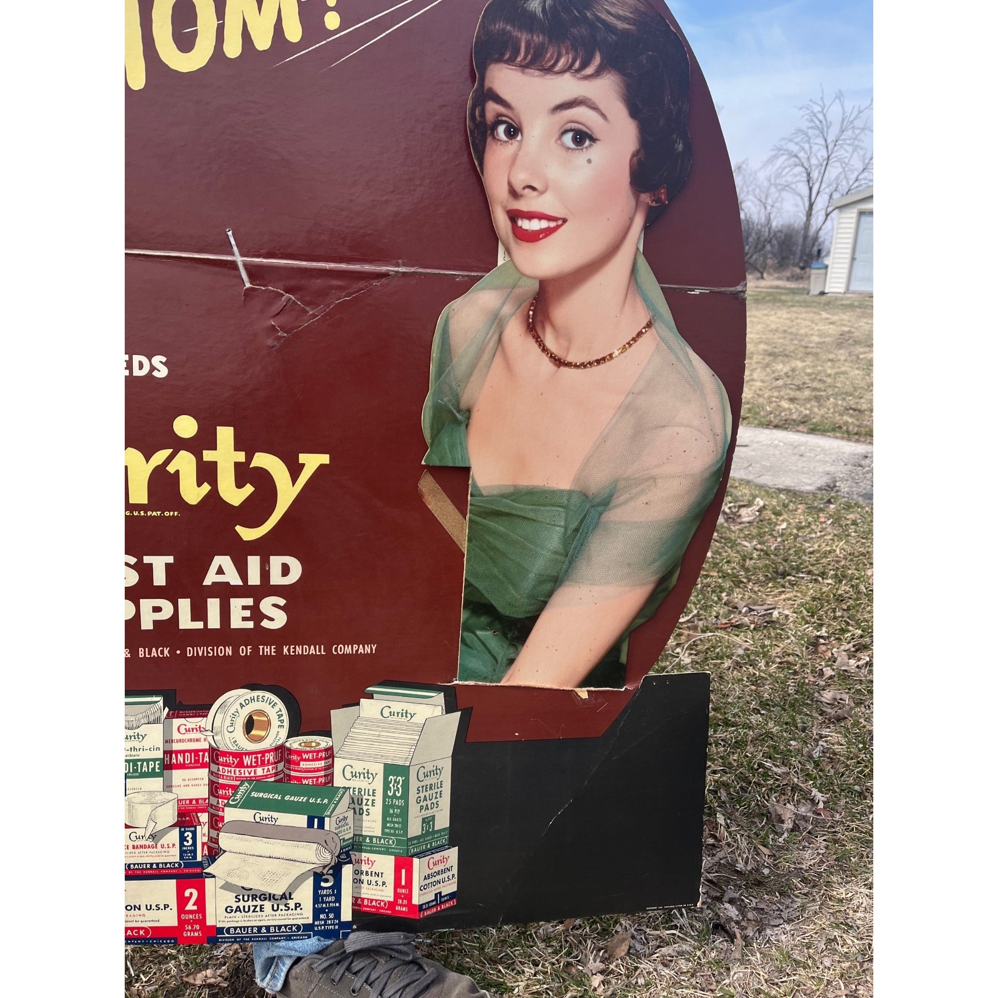 Vintage 1950s Curity First Aid Supplies Advertising Cardboard Store Sign