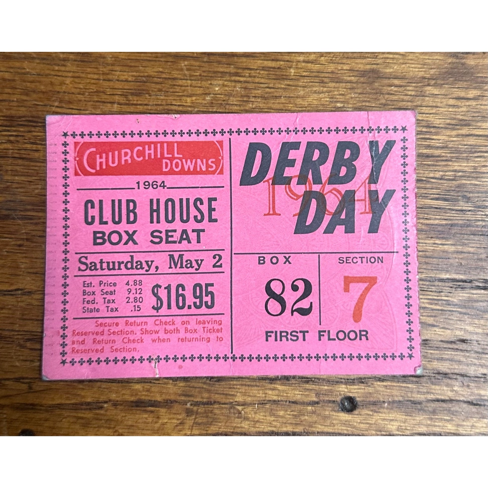 Original 1964 Churchill Downs Kentucky Derby Clubhouse Box Seat Ticket Vintage
