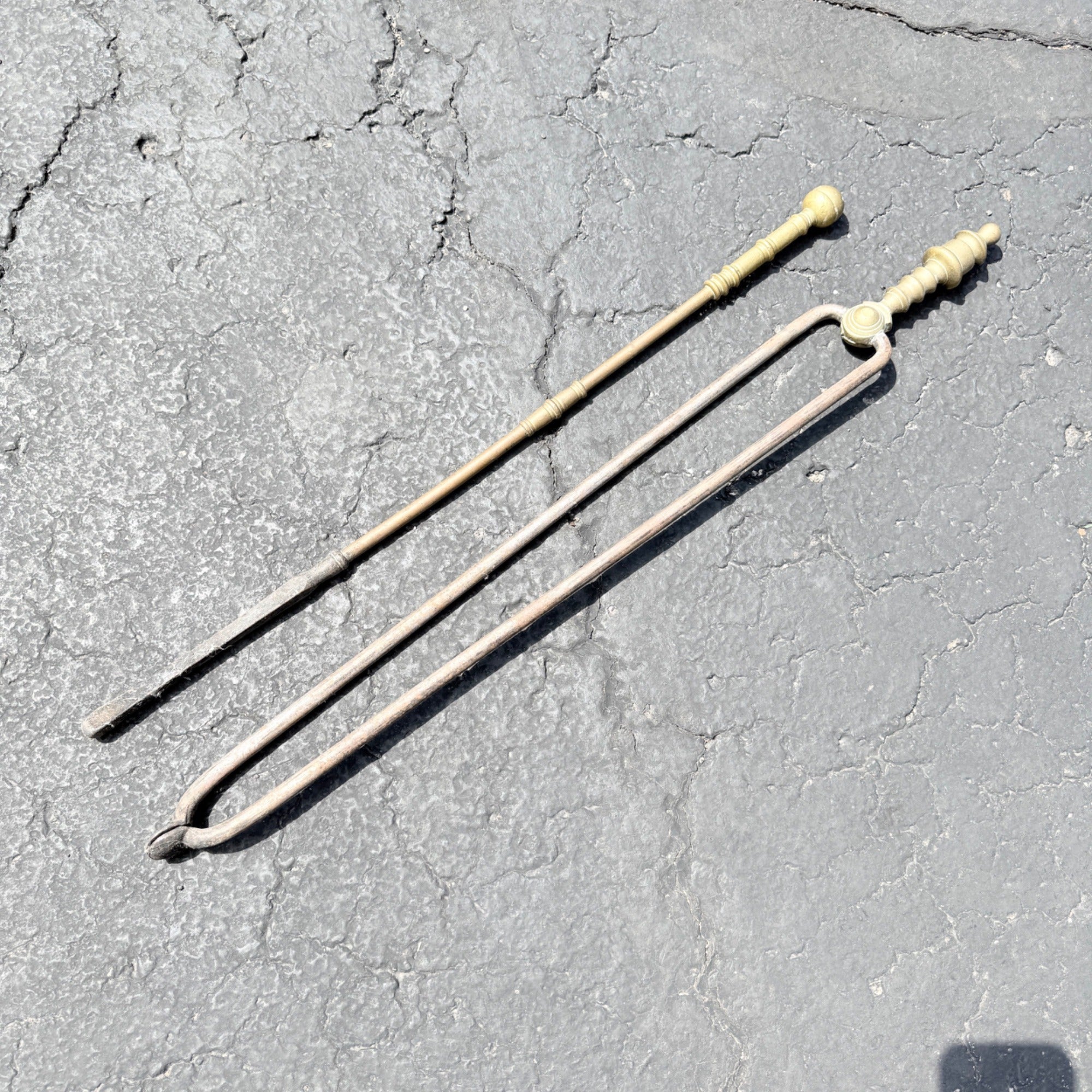 Antique Vintage Brass Handle & Steel Fireplace Tools Tongs & Fire Poker