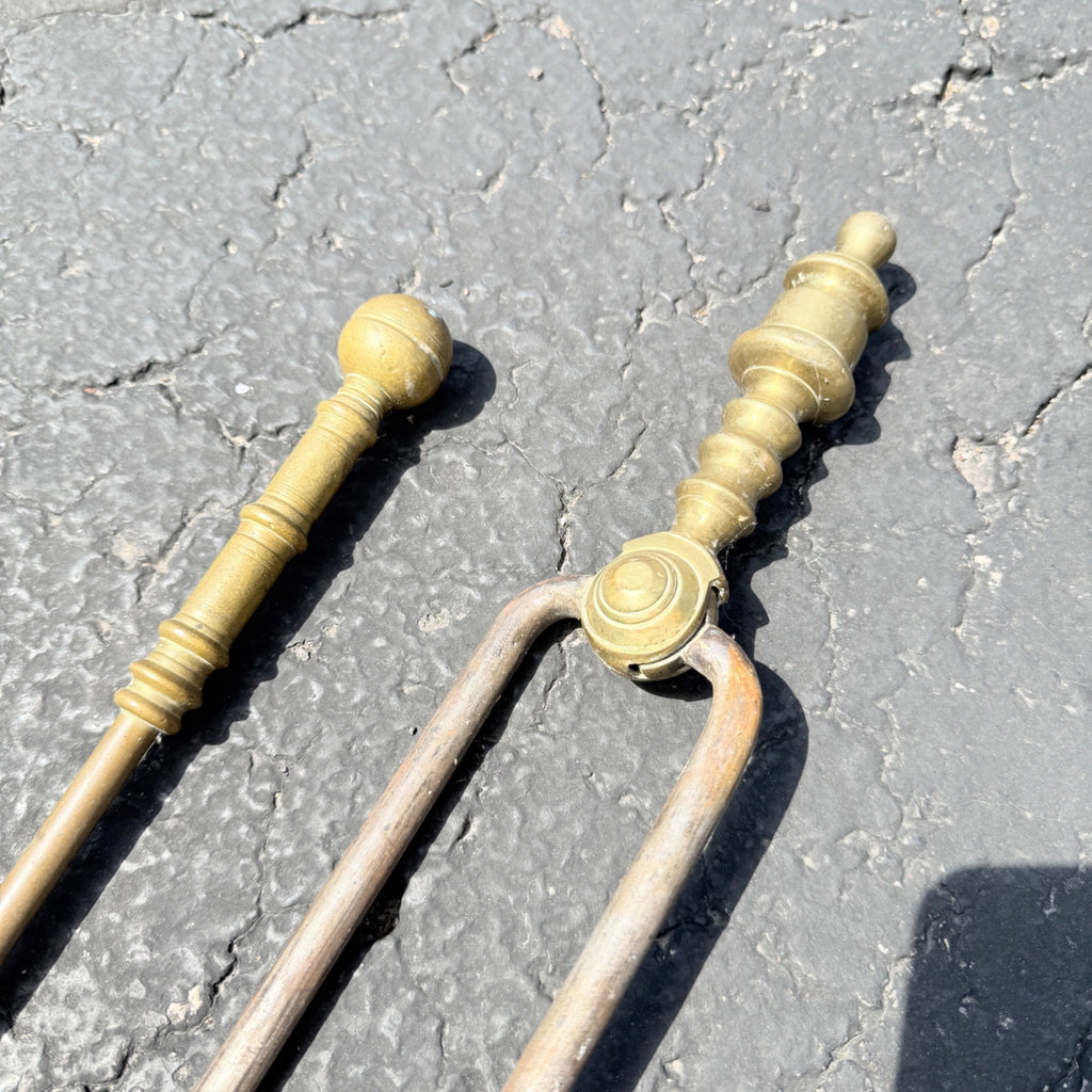 Antique Vintage Brass Handle & Steel Fireplace Tools Tongs & Fire Poker