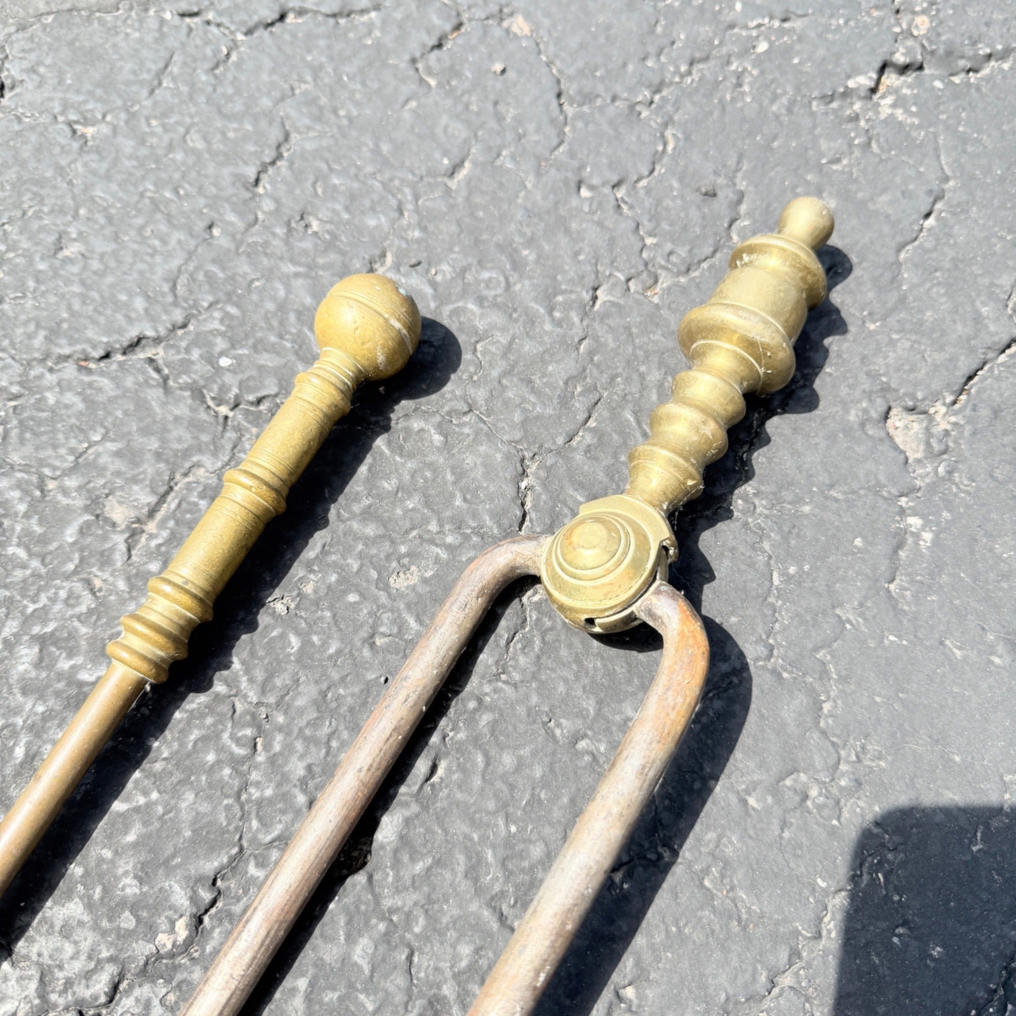 Antique Vintage Brass Handle & Steel Fireplace Tools Tongs & Fire Poker