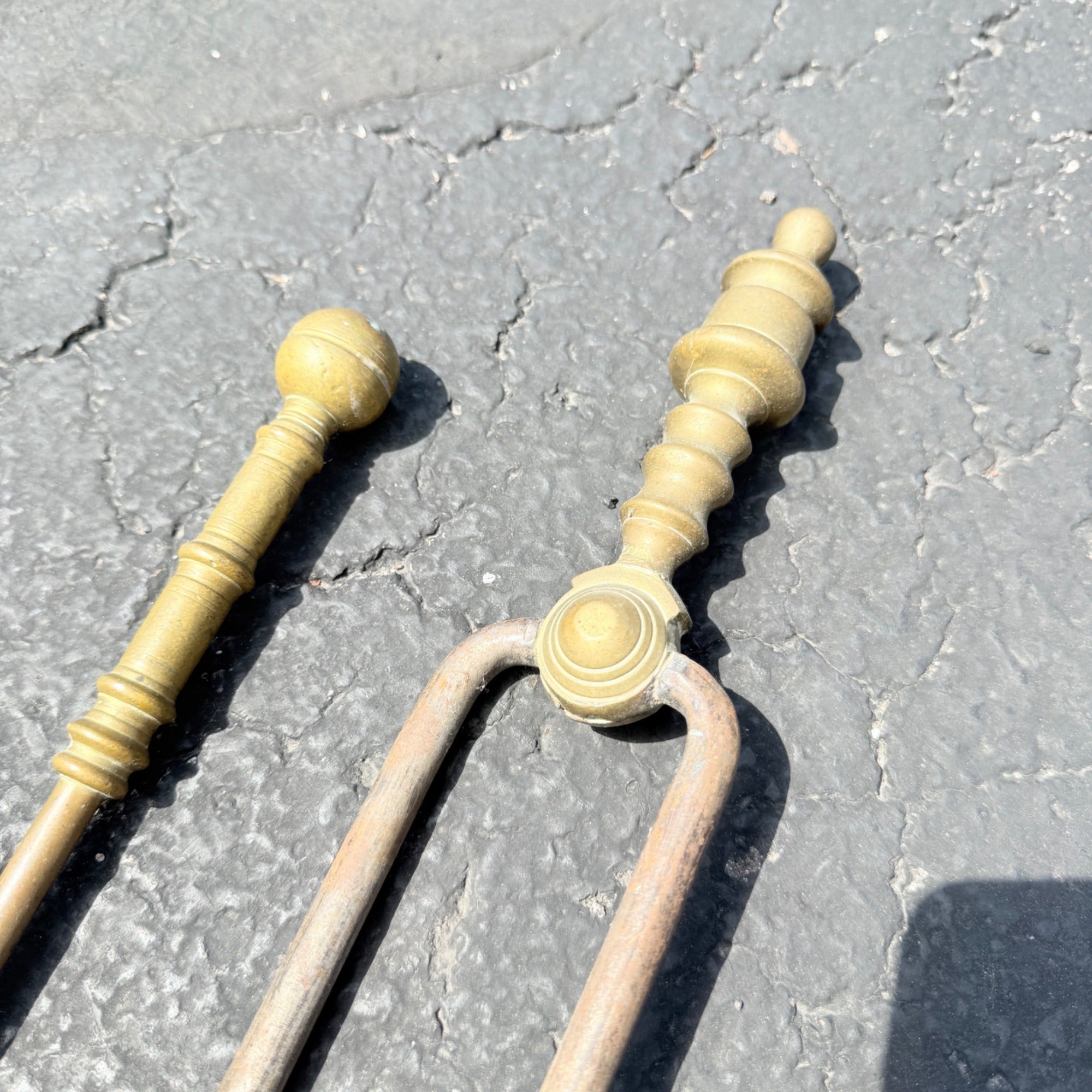 Antique Vintage Brass Handle & Steel Fireplace Tools Tongs & Fire Poker