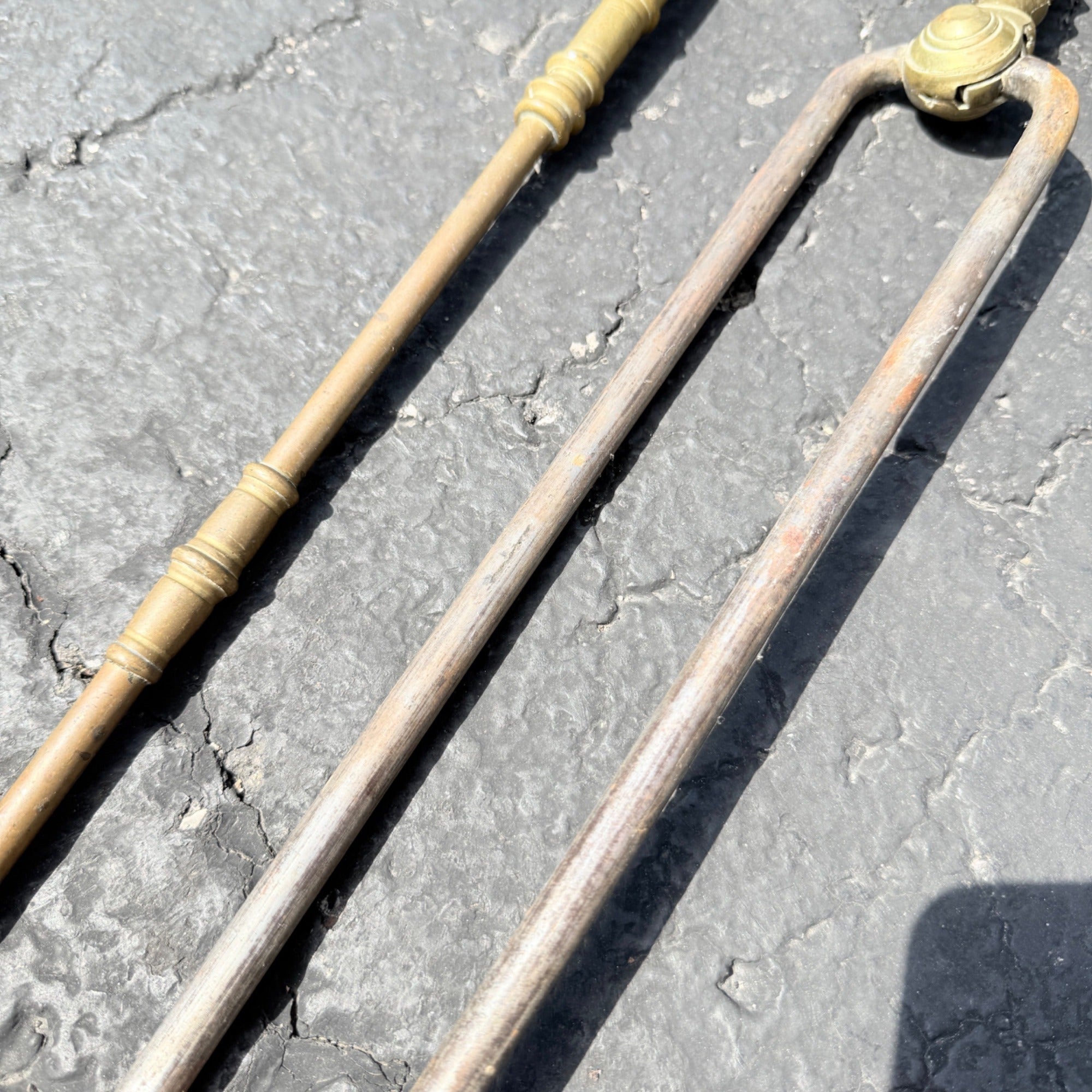 Antique Vintage Brass Handle & Steel Fireplace Tools Tongs & Fire Poker