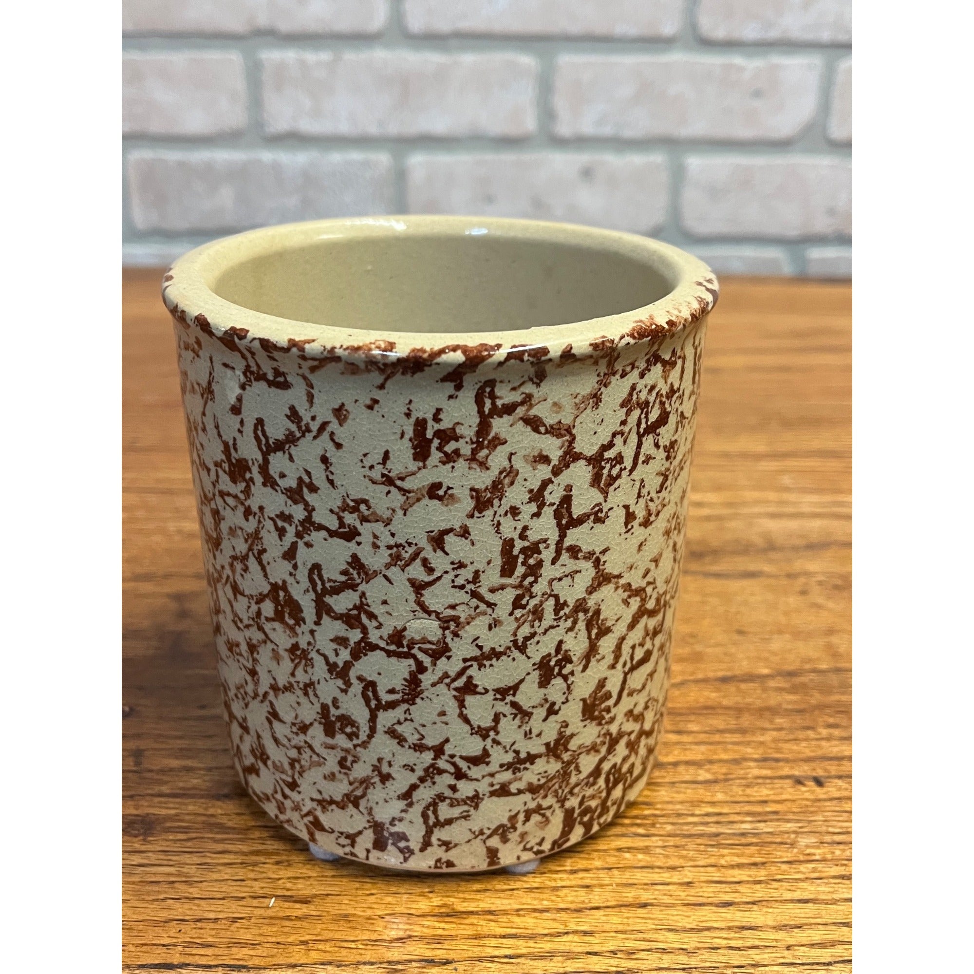 Vintage Roseville Pottery Crock Utensil Holder R.R.P. Co. Ohio Reddish-Brown Sponge Decoration