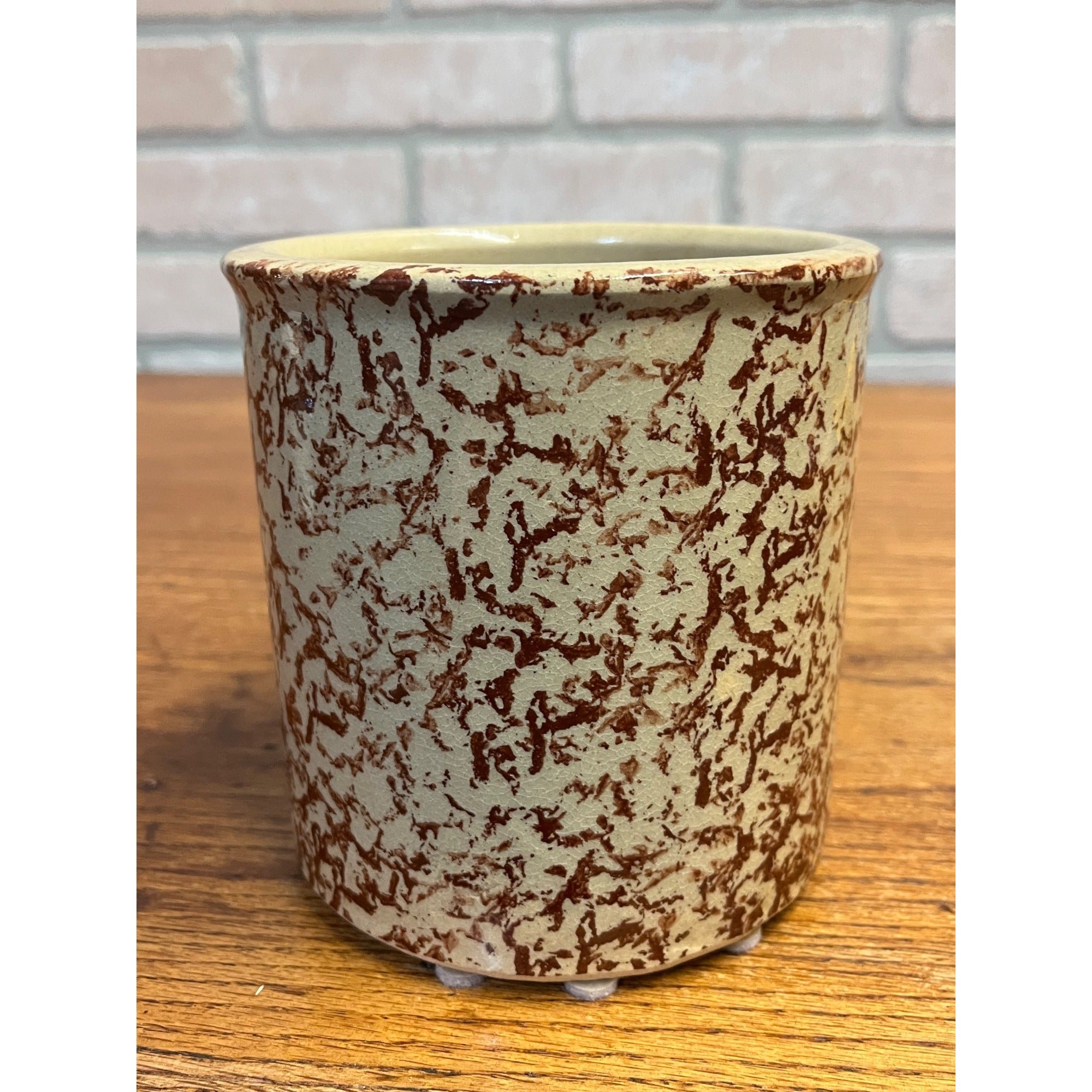 Vintage Roseville Pottery Crock Utensil Holder R.R.P. Co. Ohio Reddish-Brown Sponge Decoration