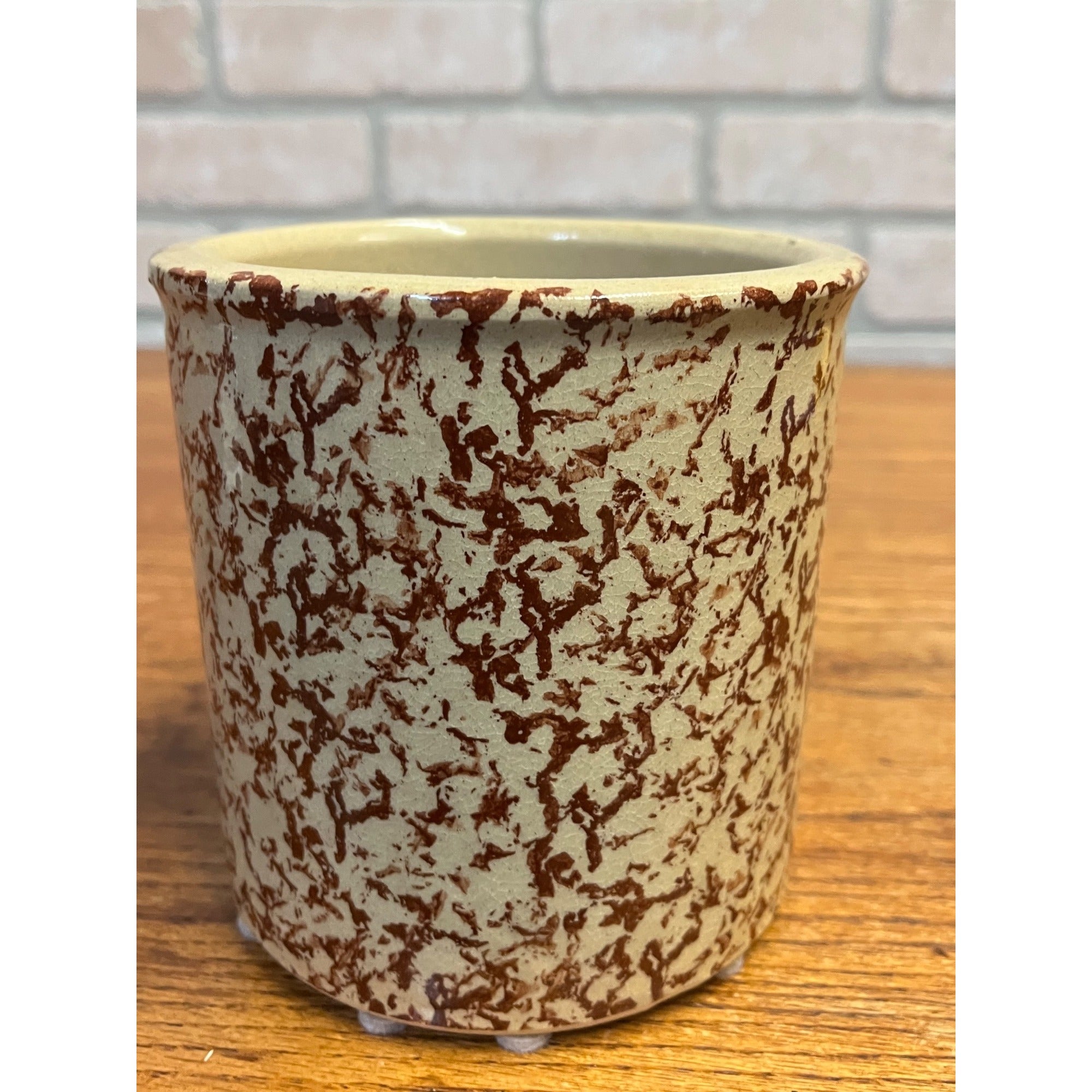Vintage Roseville Pottery Crock Utensil Holder R.R.P. Co. Ohio Reddish-Brown Sponge Decoration
