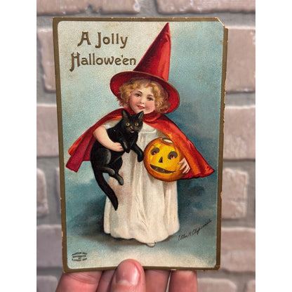 Vintage A Jolly Halloween Black Cat Witch Ellen Clapsaddle Postcard 1909