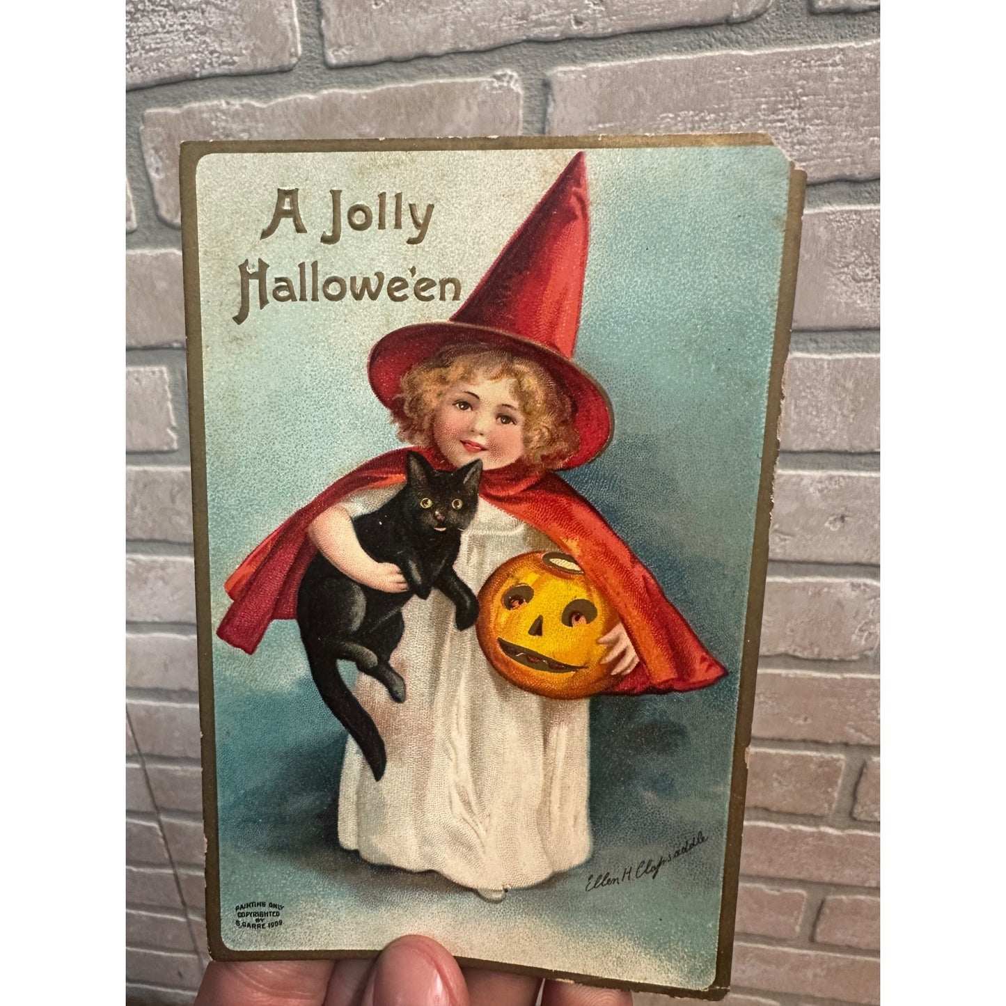 Vintage A Jolly Halloween Black Cat Witch Ellen Clapsaddle Postcard 1909