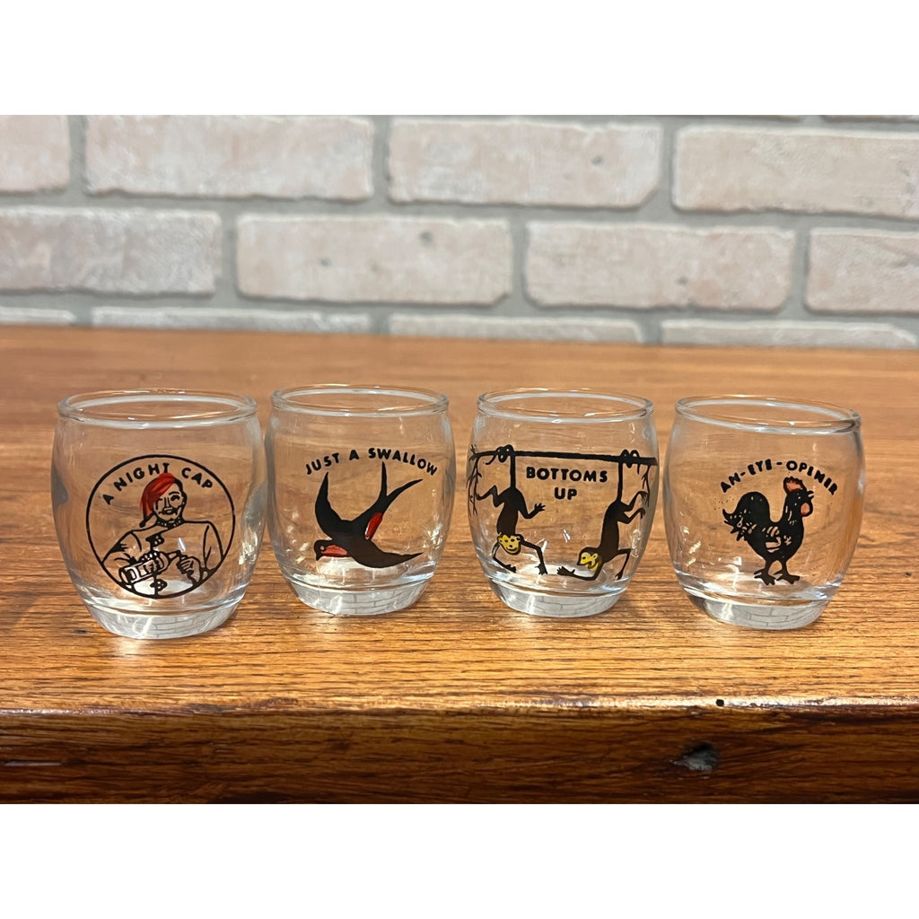 Vintage Novelty Humorous Sayings Illustrated Shot Glass Set of Four (4) Mid-Century Barware