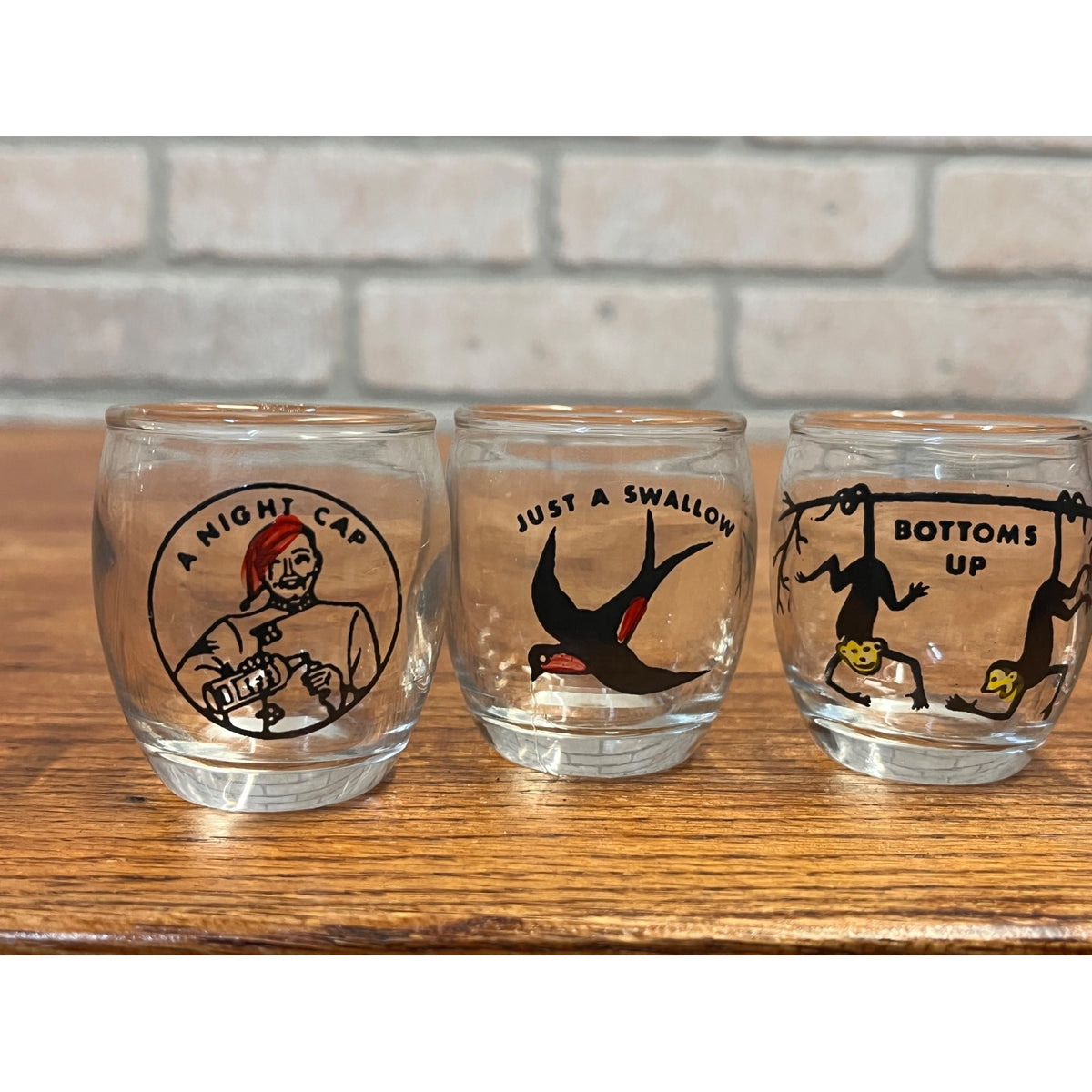 Vintage Novelty Humorous Sayings Illustrated Shot Glass Set of Four (4) Mid-Century Barware