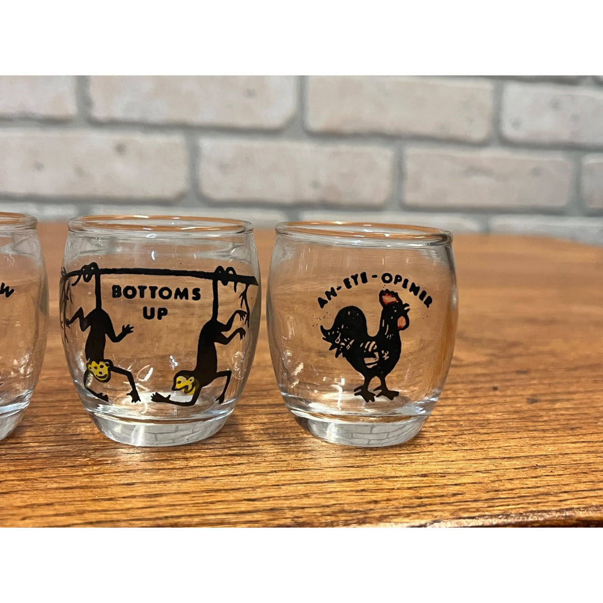 Vintage Novelty Humorous Sayings Illustrated Shot Glass Set of Four (4) Mid-Century Barware