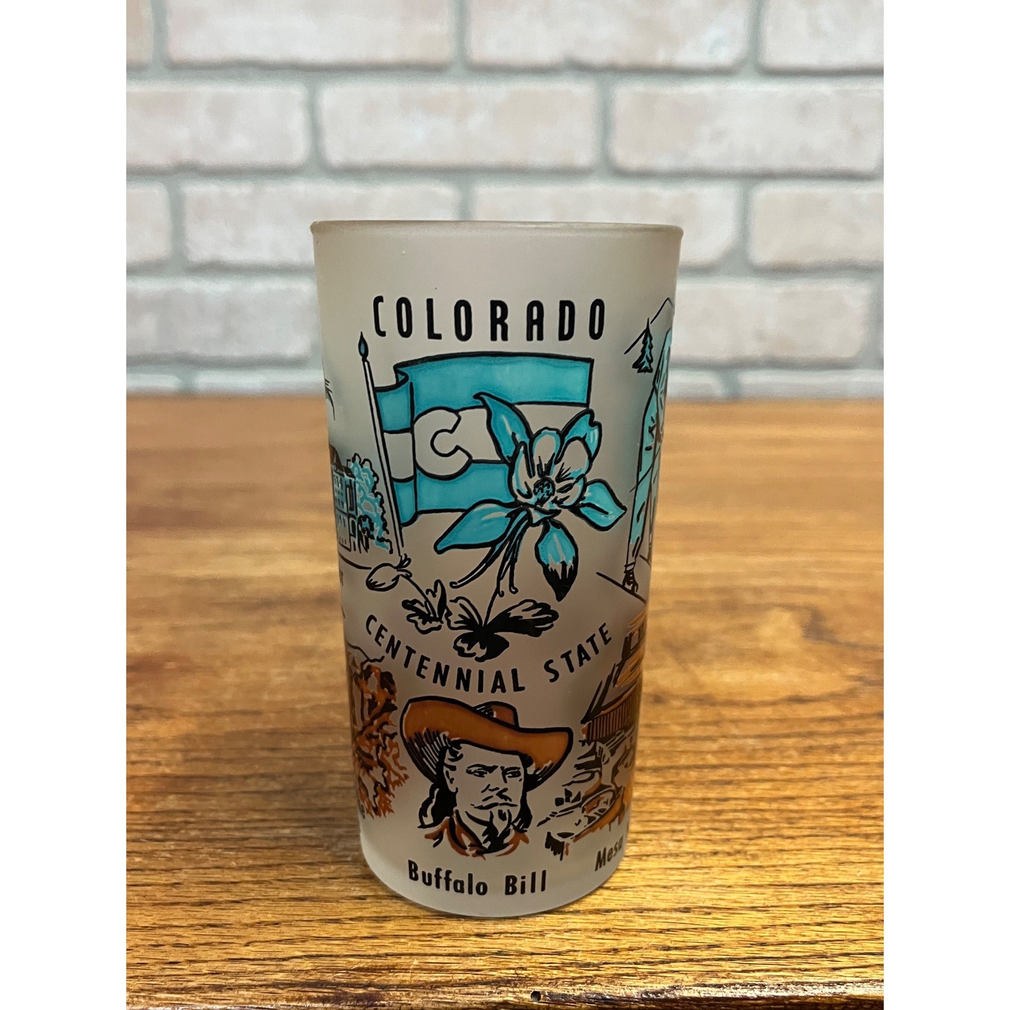 Vintage Frosted Drinking Glass Colorado Centennial State Hazel Atlas Buffalo Bill