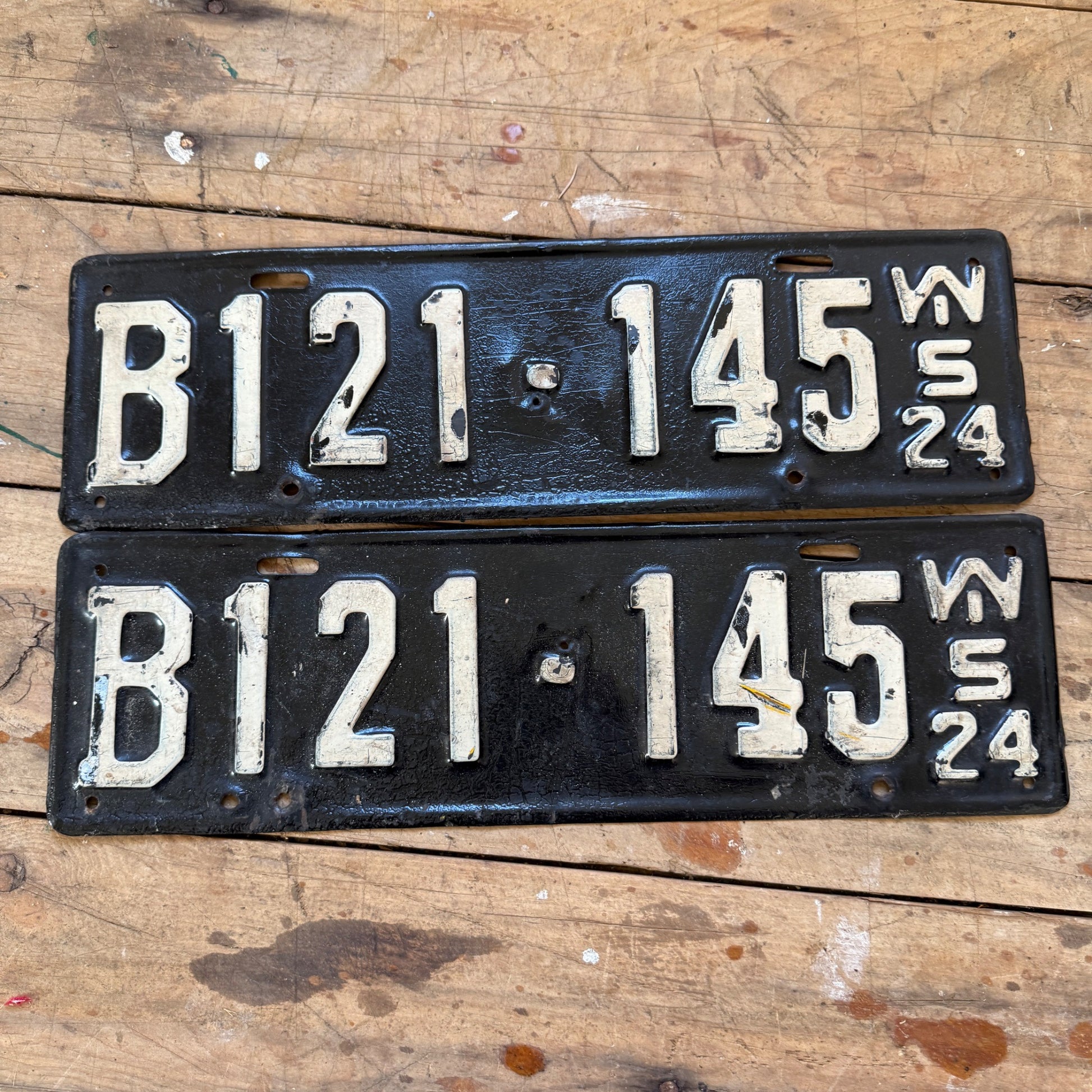 1924 Wisconsin Pair License Plates B121-145 Repainted Black WHite