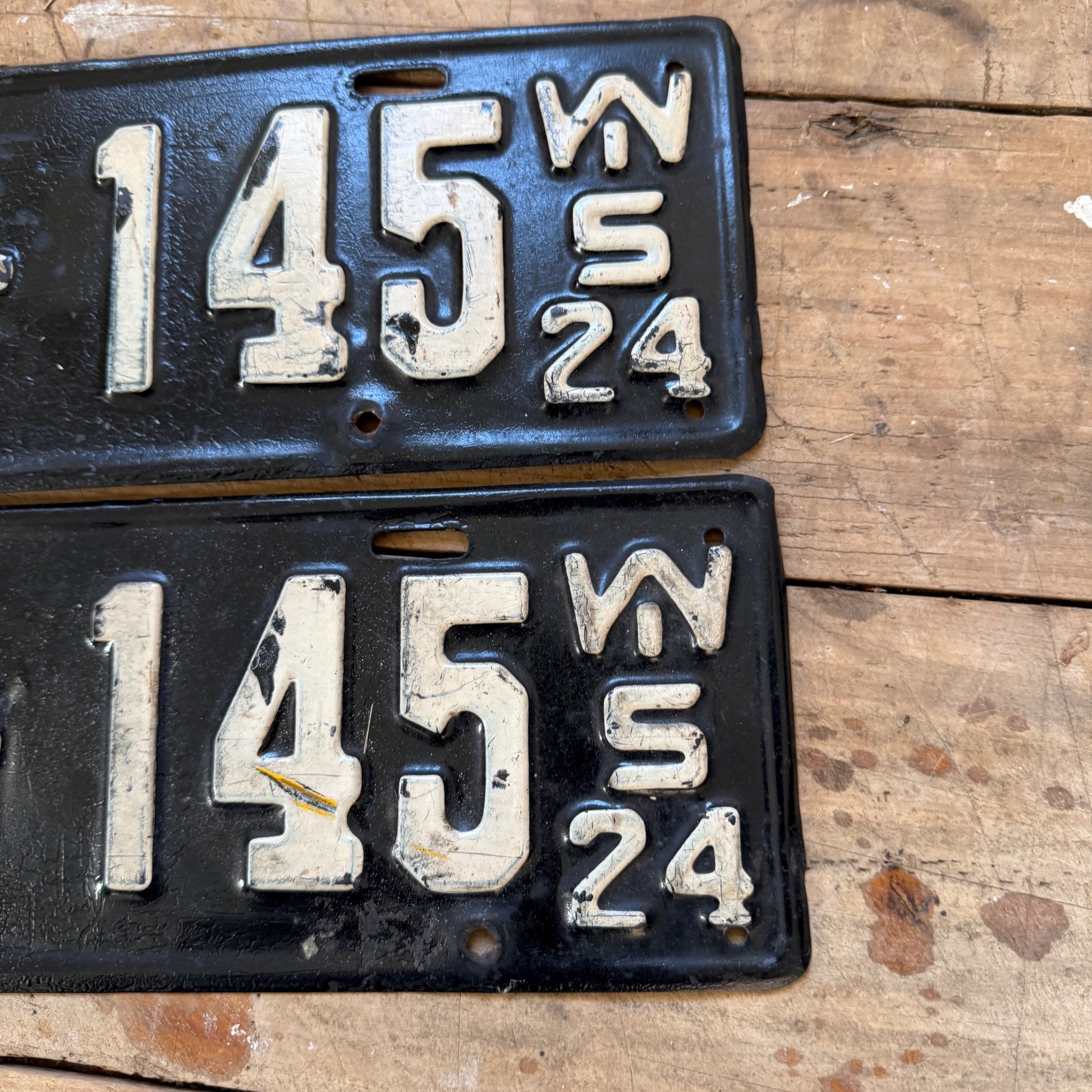 1924 Wisconsin Pair License Plates B121-145 Repainted Black WHite