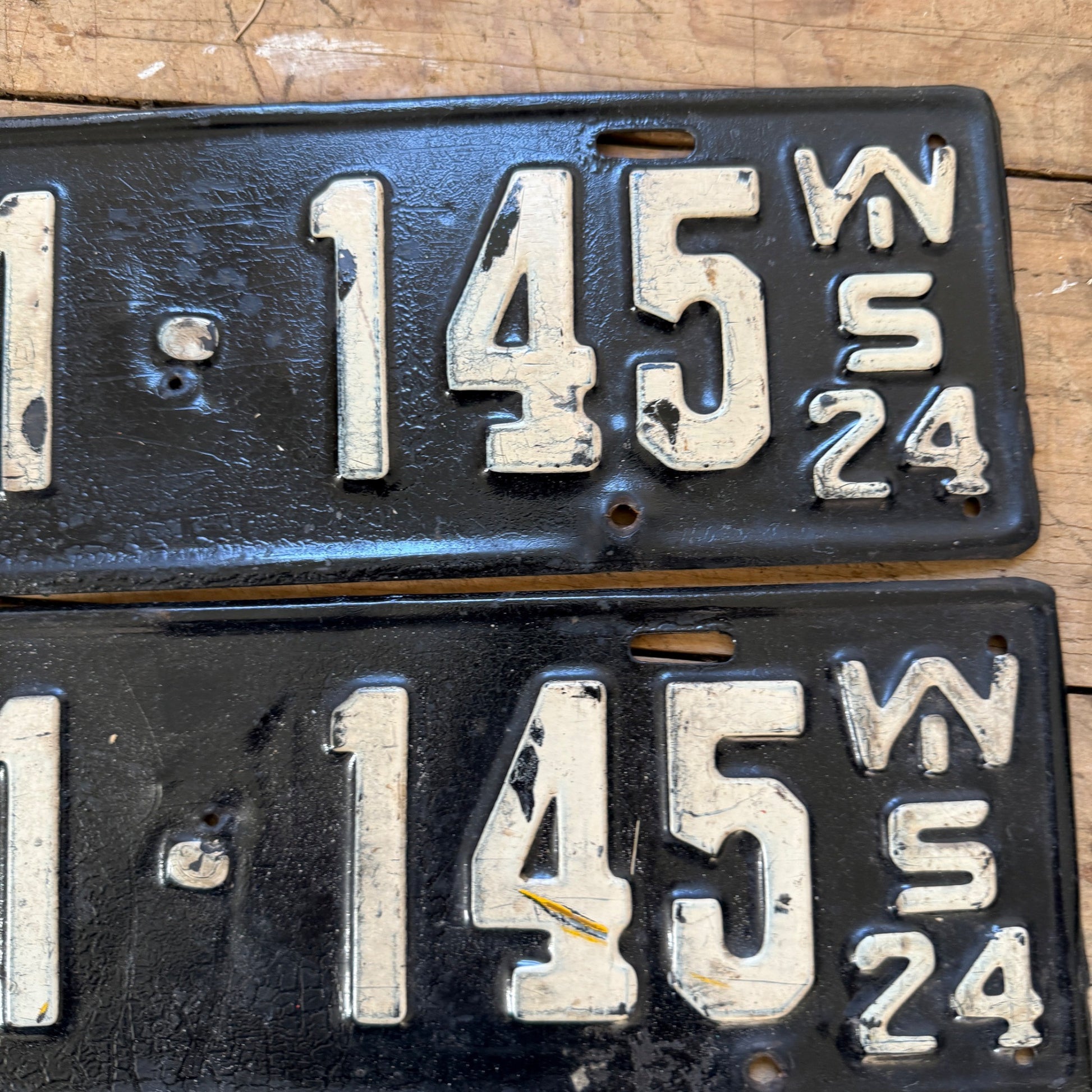 1924 Wisconsin Pair License Plates B121-145 Repainted Black WHite