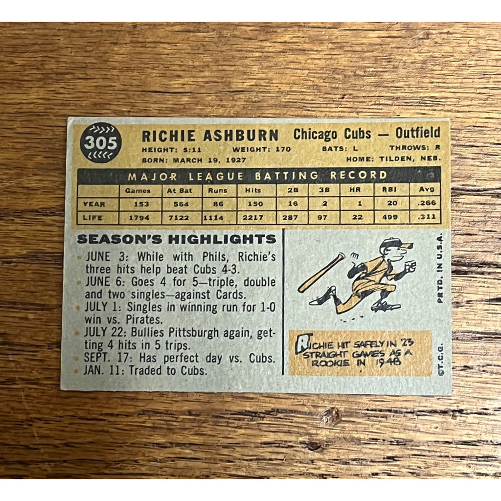 1960 Topps Baseball Richie Ashburn Chicago Cubs #305 - VG