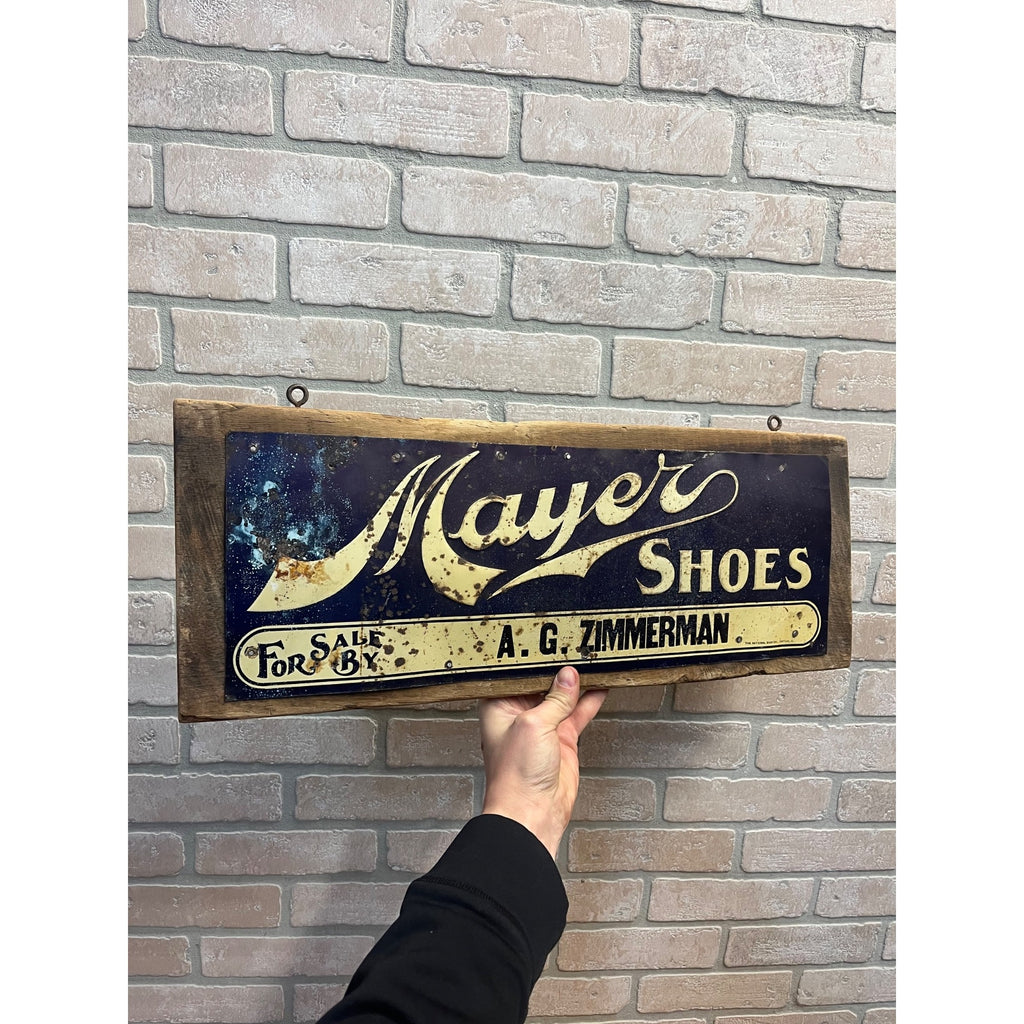 Vintage Mayer Shoes Tin Embossed Advertising Sign Milwaukee Wisconsin Zimmerman