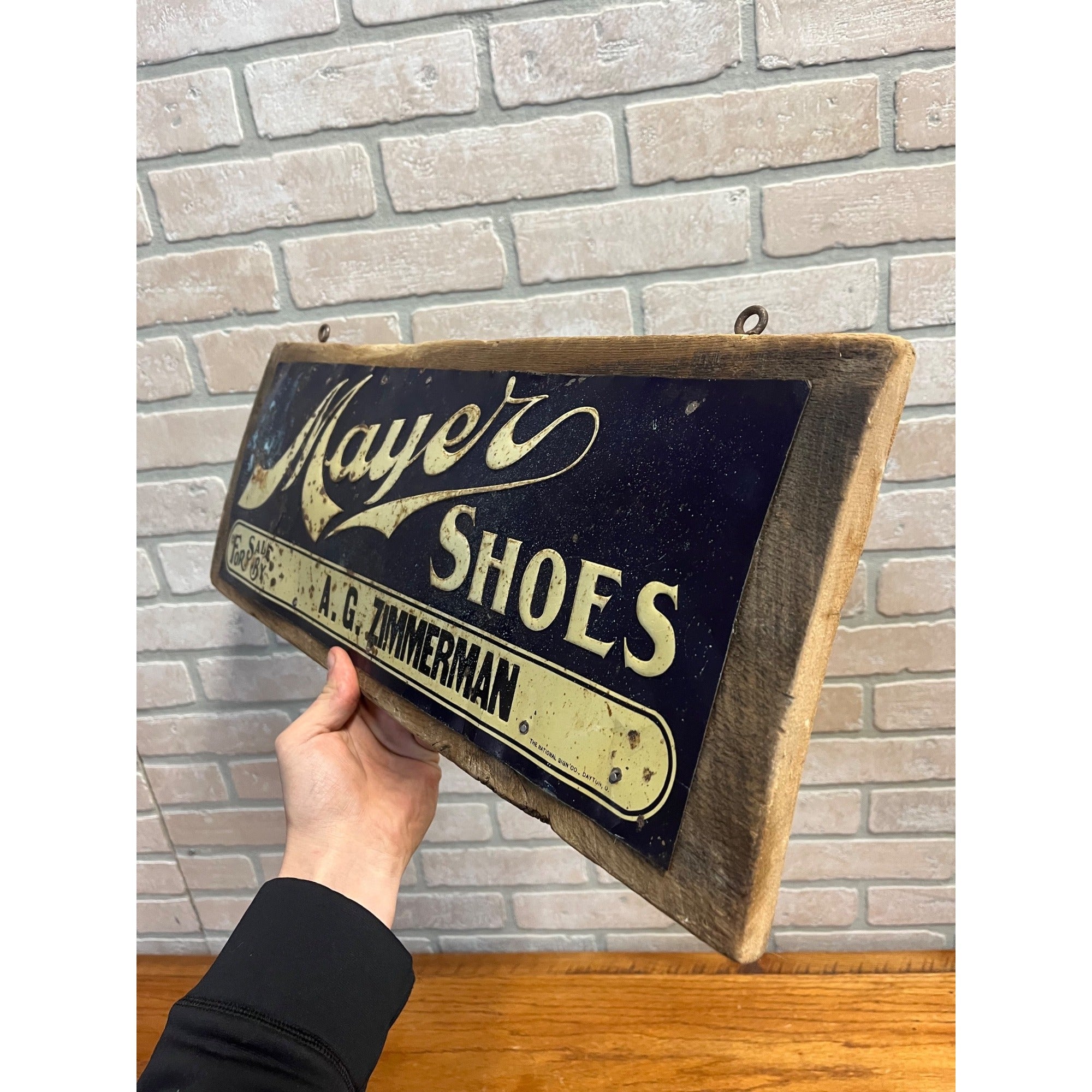 Vintage Mayer Shoes Tin Embossed Advertising Sign Milwaukee Wisconsin Zimmerman