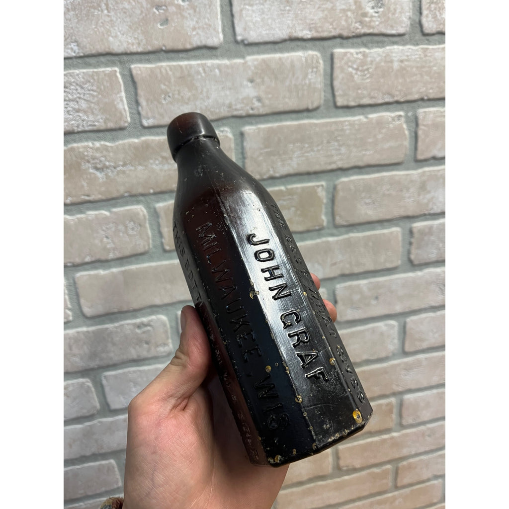 John John Graf c1880s Milwaukee Wis Amber Brown Panel Soda Bottle Blob Top