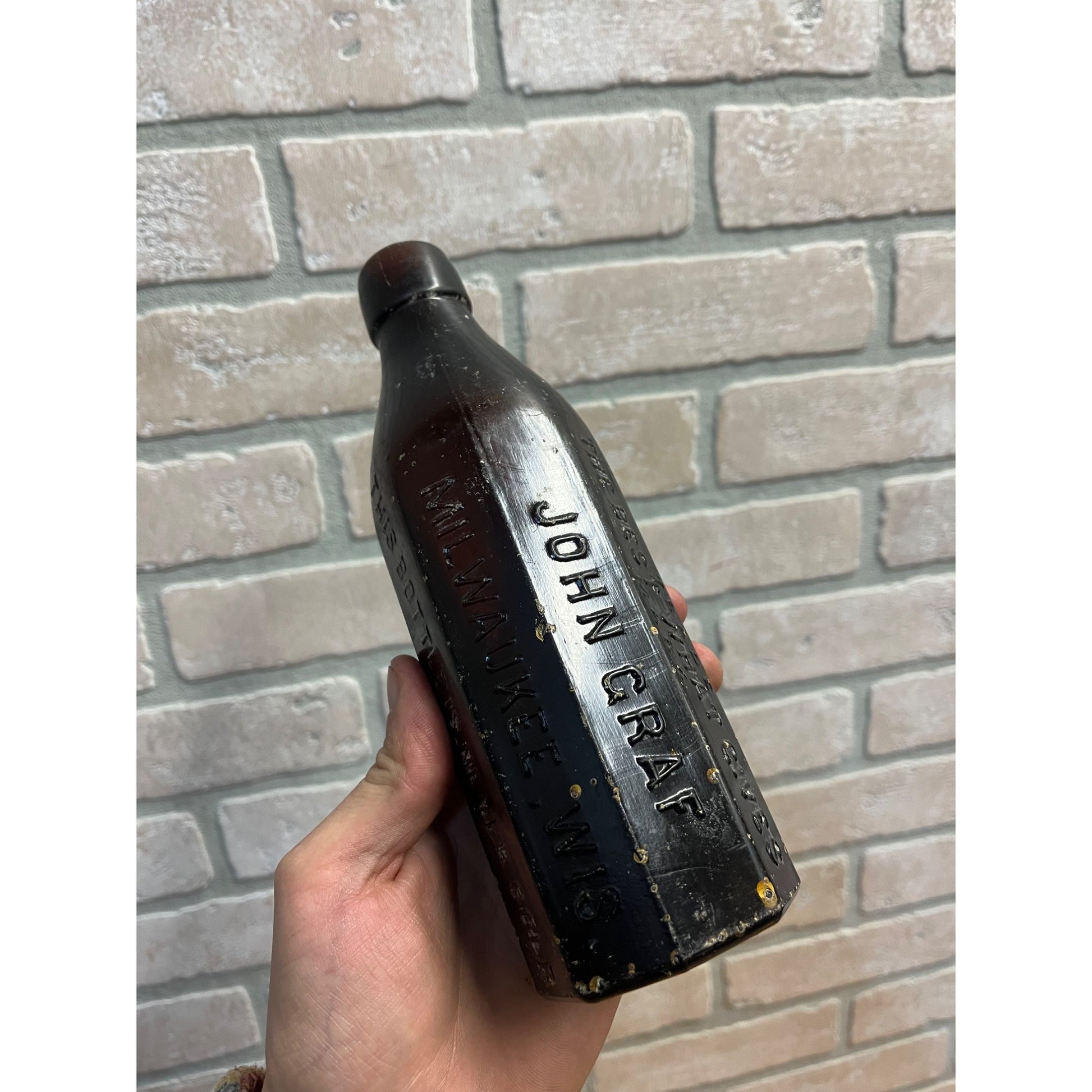 John John Graf c1880s Milwaukee Wis Amber Brown Panel Soda Bottle Blob Top