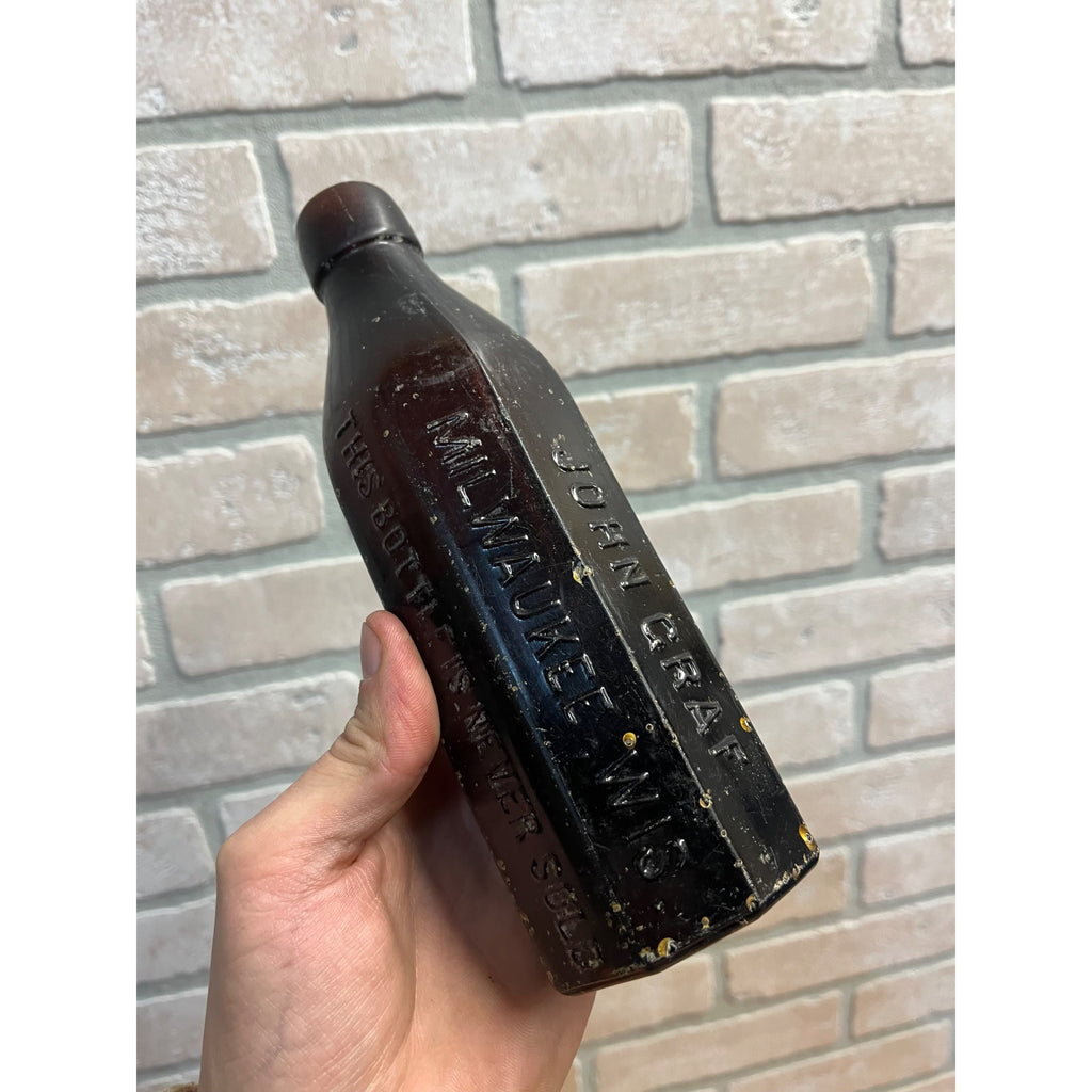 John John Graf c1880s Milwaukee Wis Amber Brown Panel Soda Bottle Blob Top